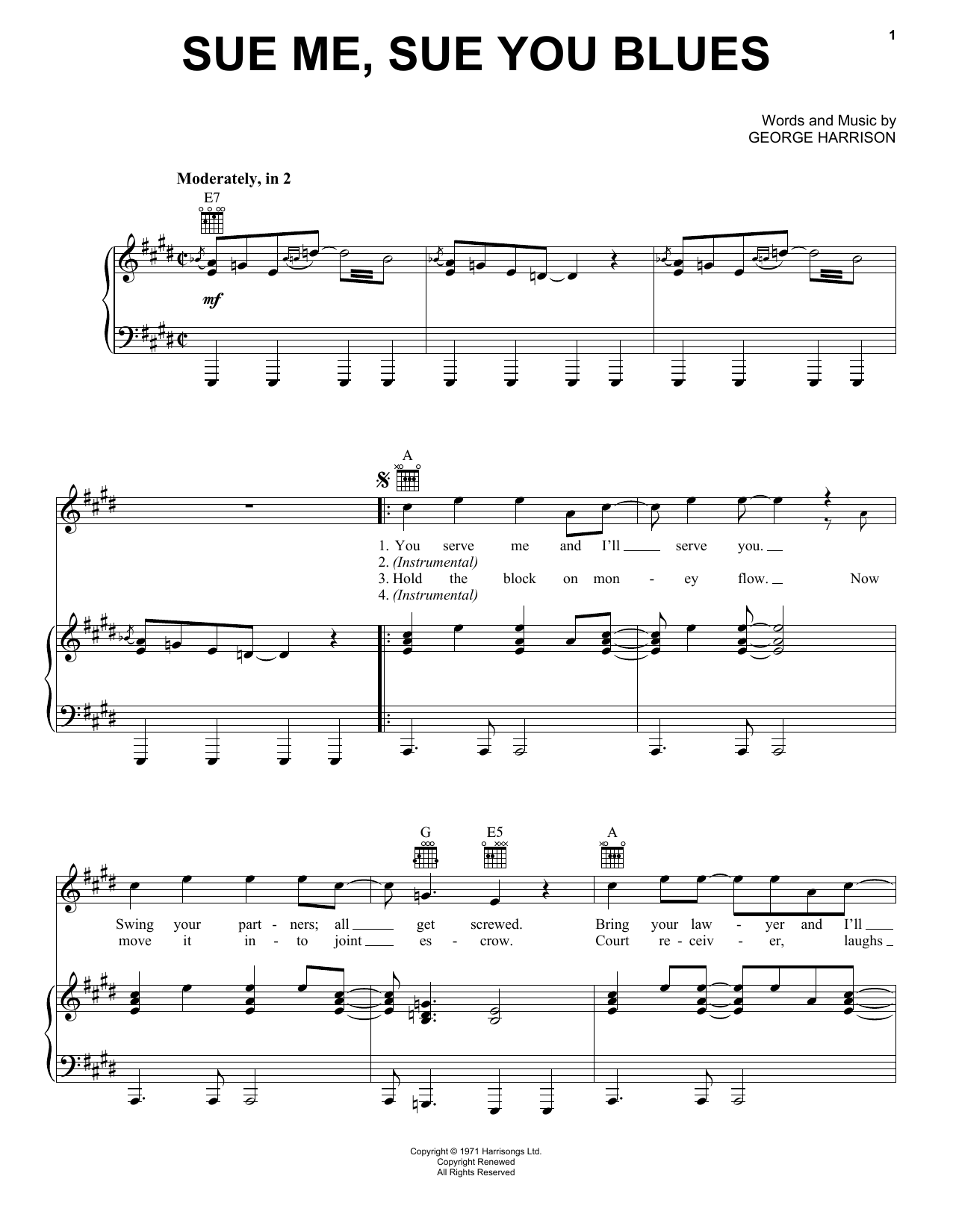 George Harrison Sue Me, Sue You Blues Sheet Music Notes & Chords for Piano, Vocal & Guitar (Right-Hand Melody) - Download or Print PDF