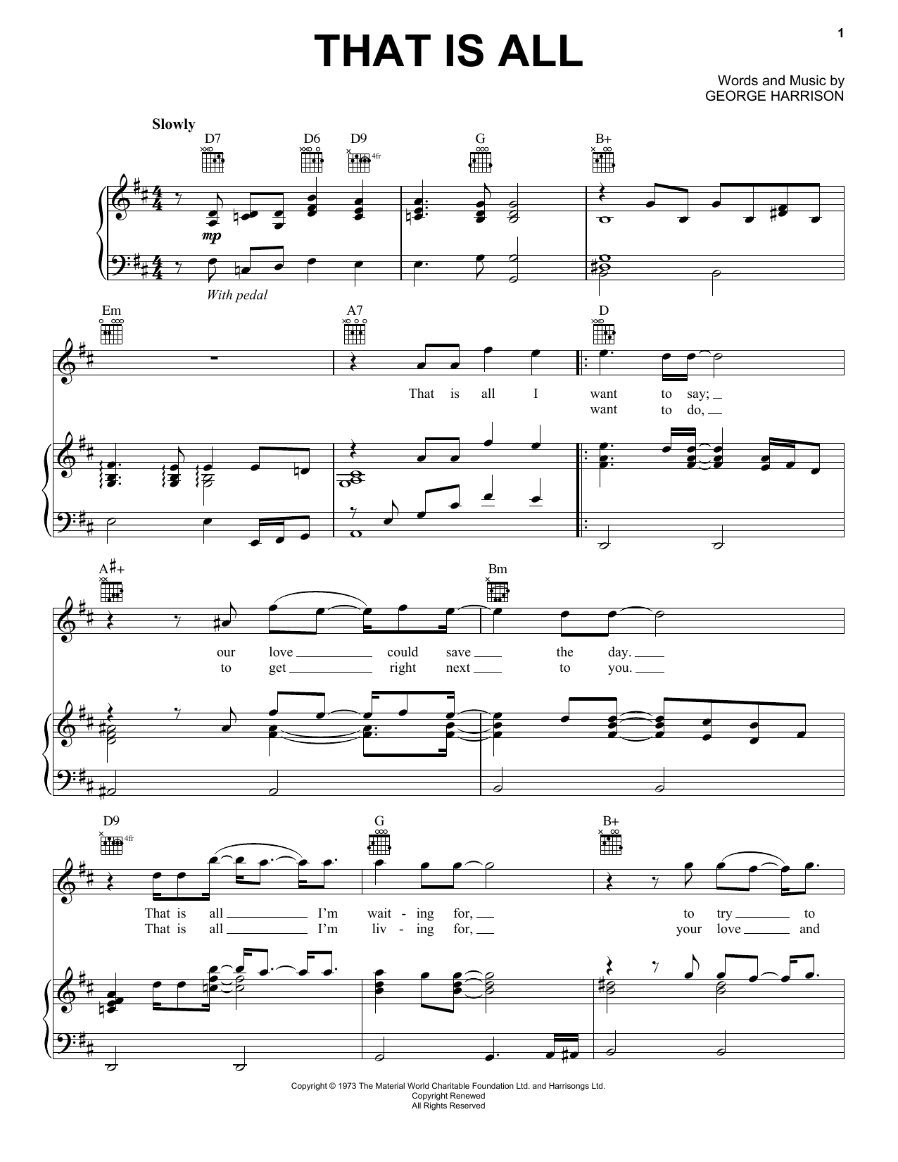 George Harrison That Is All Sheet Music Notes & Chords for Piano, Vocal & Guitar (Right-Hand Melody) - Download or Print PDF