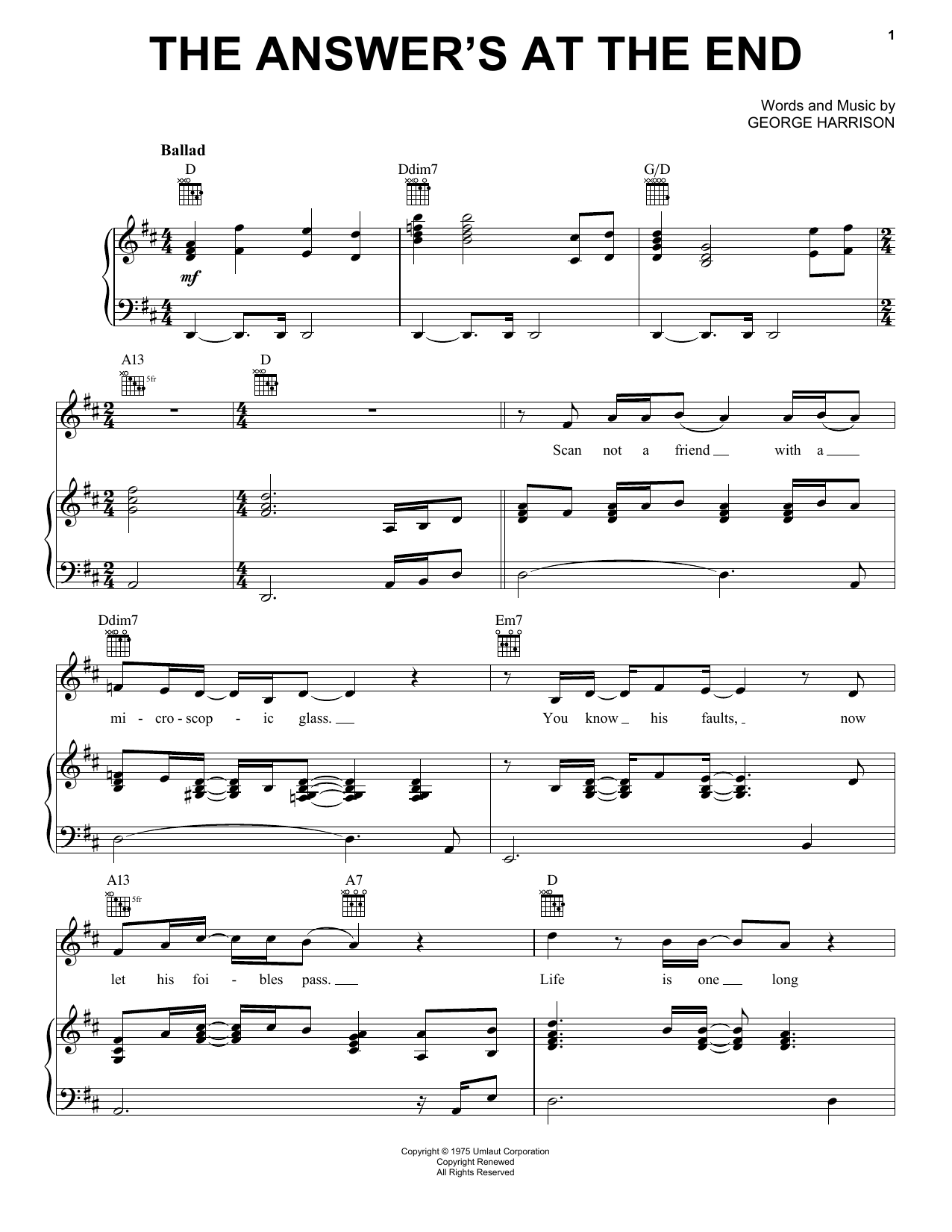 George Harrison The Answer's At The End Sheet Music Notes & Chords for Piano, Vocal & Guitar (Right-Hand Melody) - Download or Print PDF