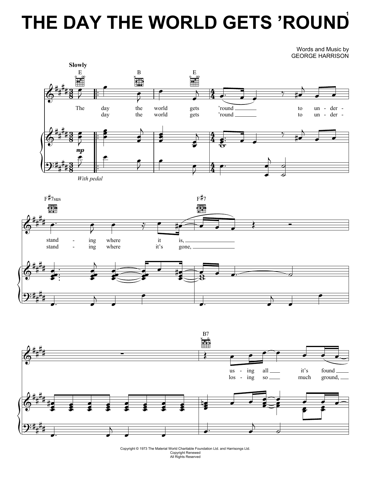 George Harrison The Day The World Gets 'Round Sheet Music Notes & Chords for Piano, Vocal & Guitar (Right-Hand Melody) - Download or Print PDF