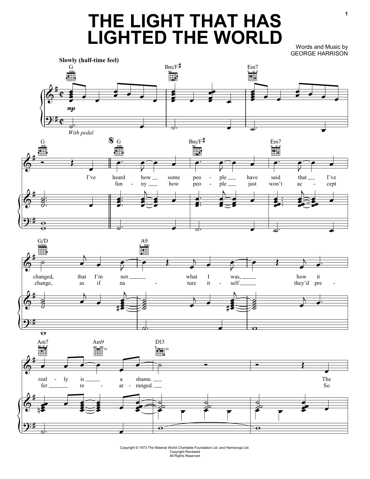 George Harrison The Light That Has Lighted The World Sheet Music Notes & Chords for Piano, Vocal & Guitar (Right-Hand Melody) - Download or Print PDF