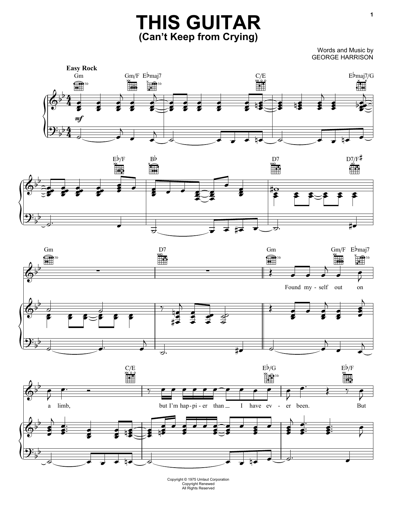 George Harrison This Guitar (Can't Keep From Crying) Sheet Music Notes & Chords for Piano, Vocal & Guitar (Right-Hand Melody) - Download or Print PDF