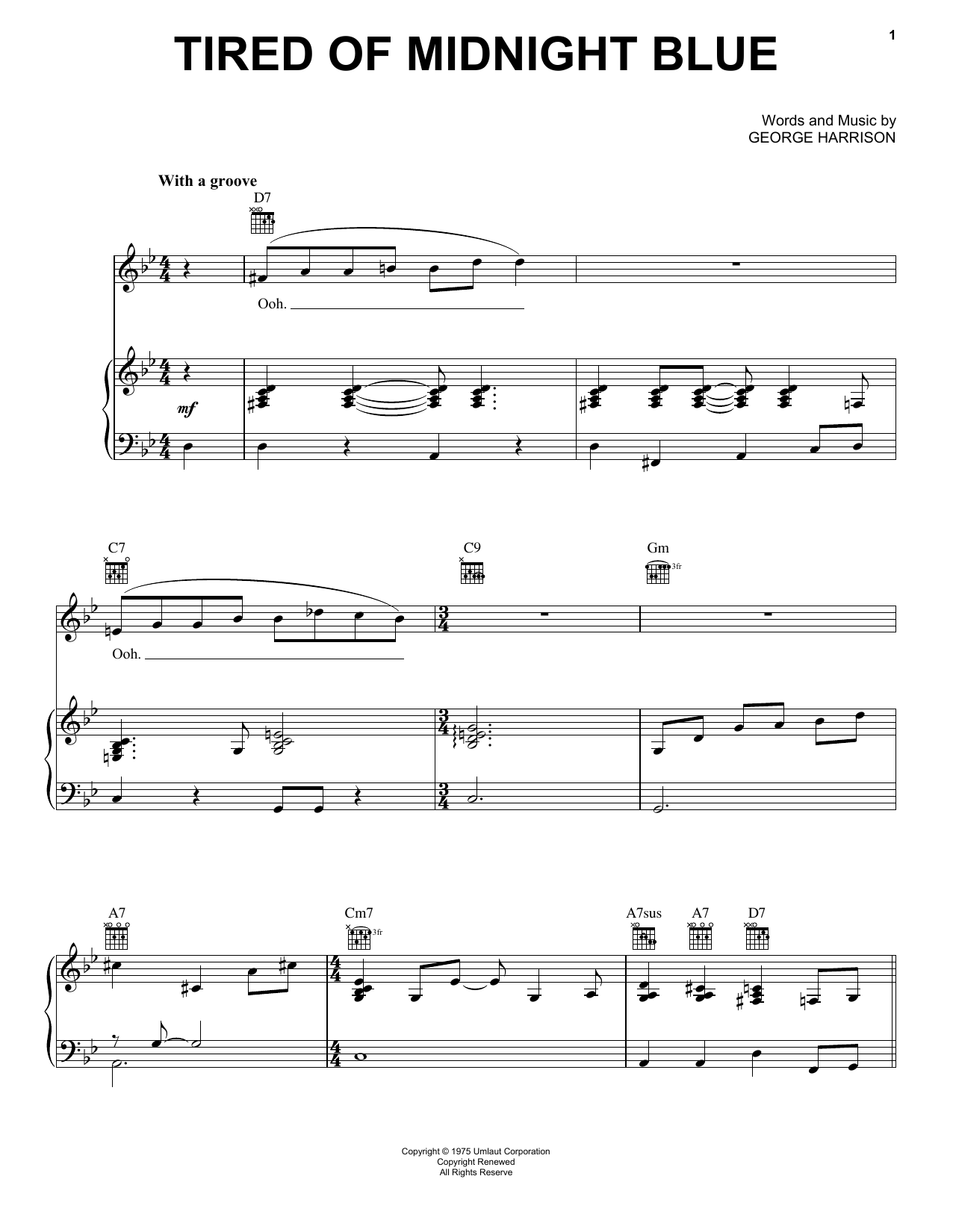 George Harrison Tired Of Midnight Blue Sheet Music Notes & Chords for Piano, Vocal & Guitar (Right-Hand Melody) - Download or Print PDF