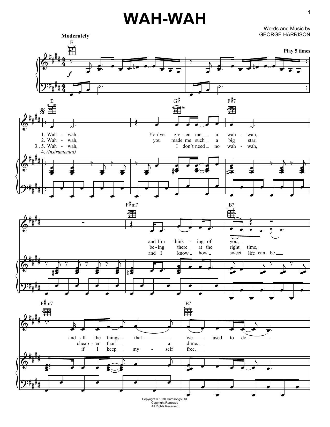 George Harrison Wah-wah Sheet Music Notes & Chords for Piano, Vocal & Guitar (Right-Hand Melody) - Download or Print PDF