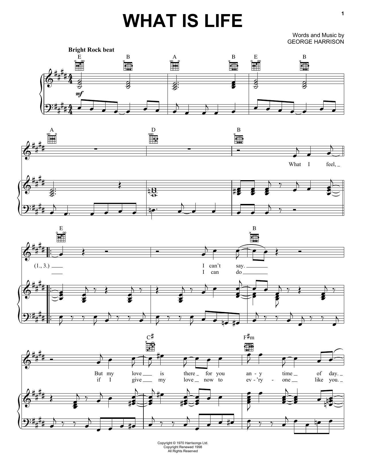 George Harrison What Is Life Sheet Music Notes & Chords for Piano, Vocal & Guitar (Right-Hand Melody) - Download or Print PDF