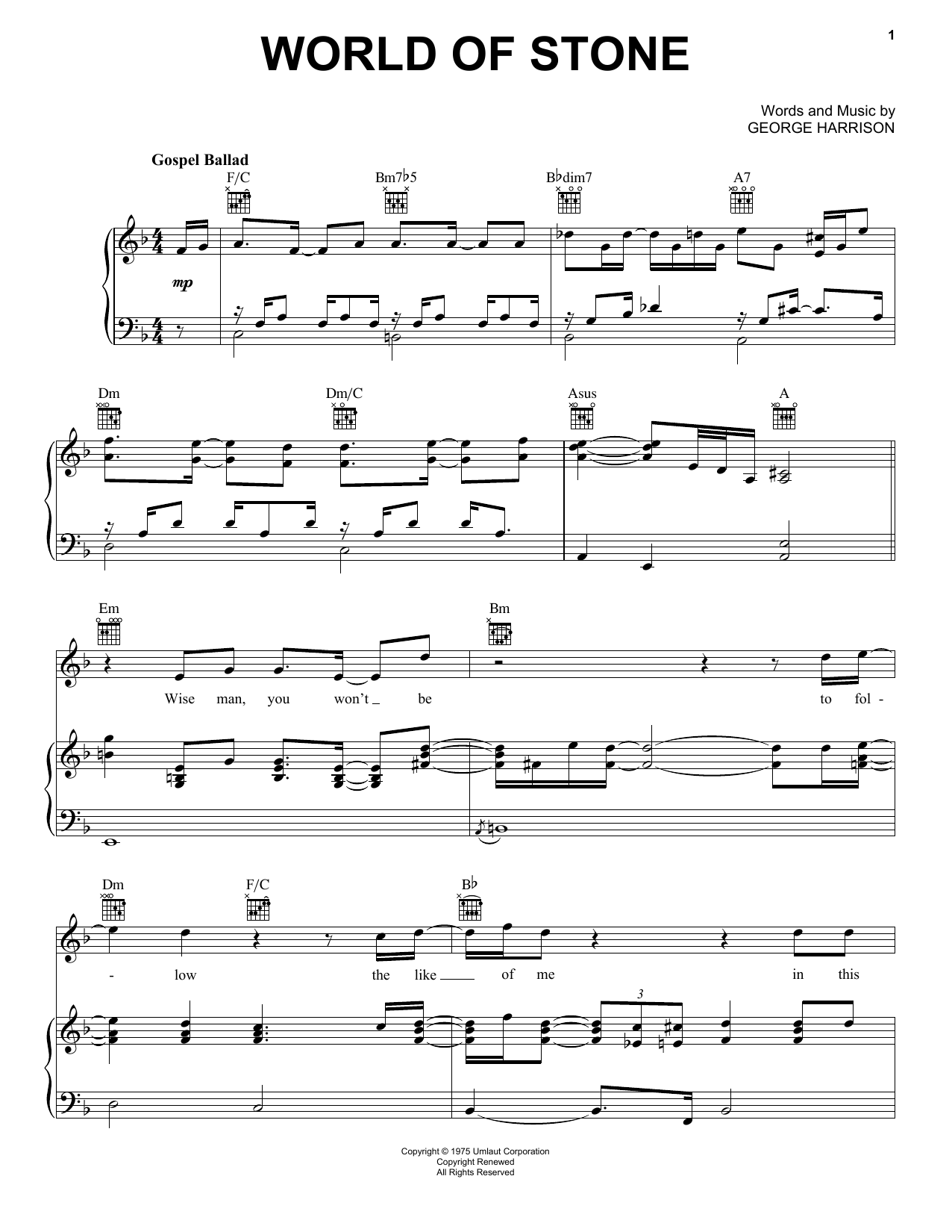 George Harrison World Of Stone Sheet Music Notes & Chords for Piano, Vocal & Guitar (Right-Hand Melody) - Download or Print PDF