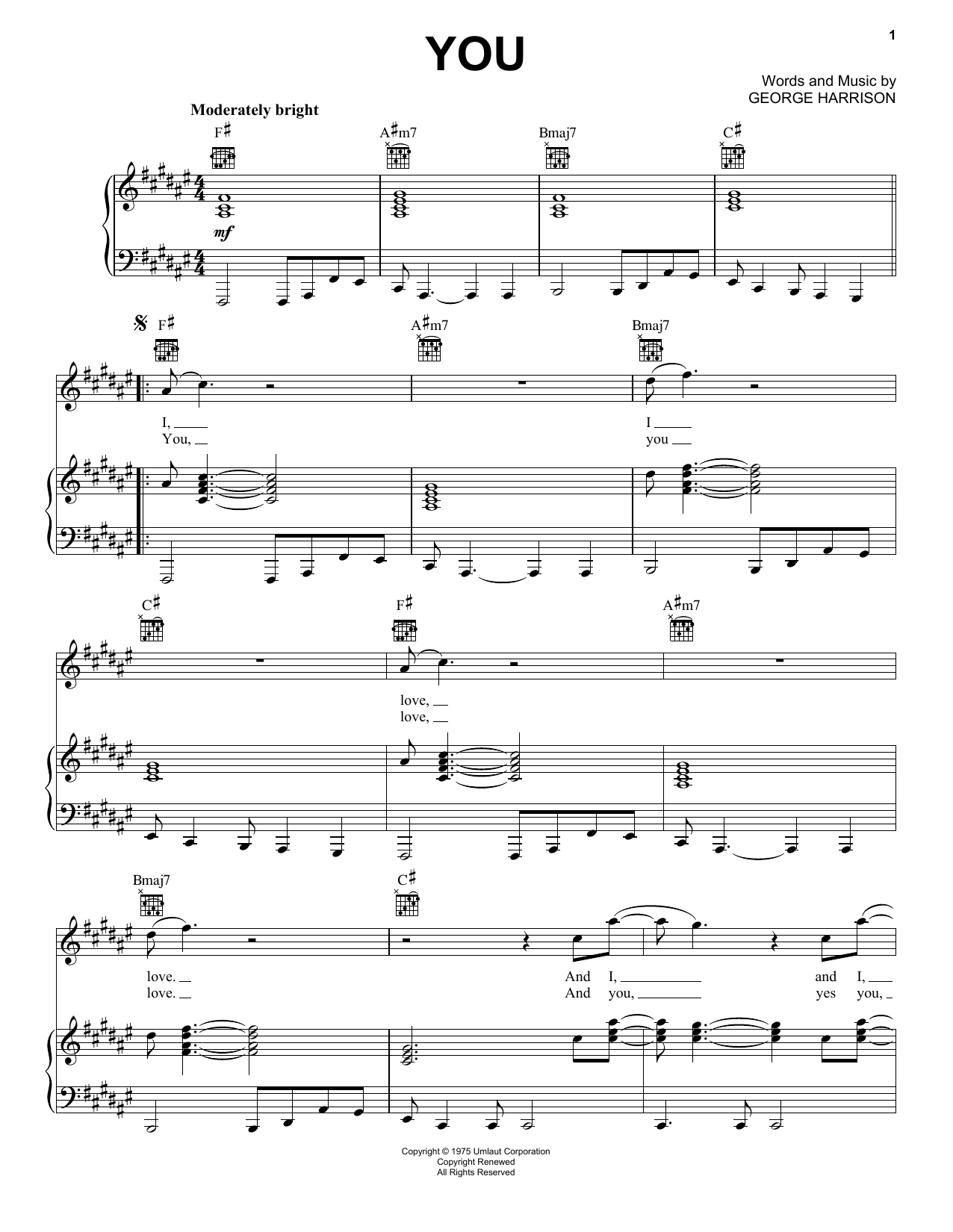 George Harrison You Sheet Music Notes & Chords for Piano, Vocal & Guitar (Right-Hand Melody) - Download or Print PDF