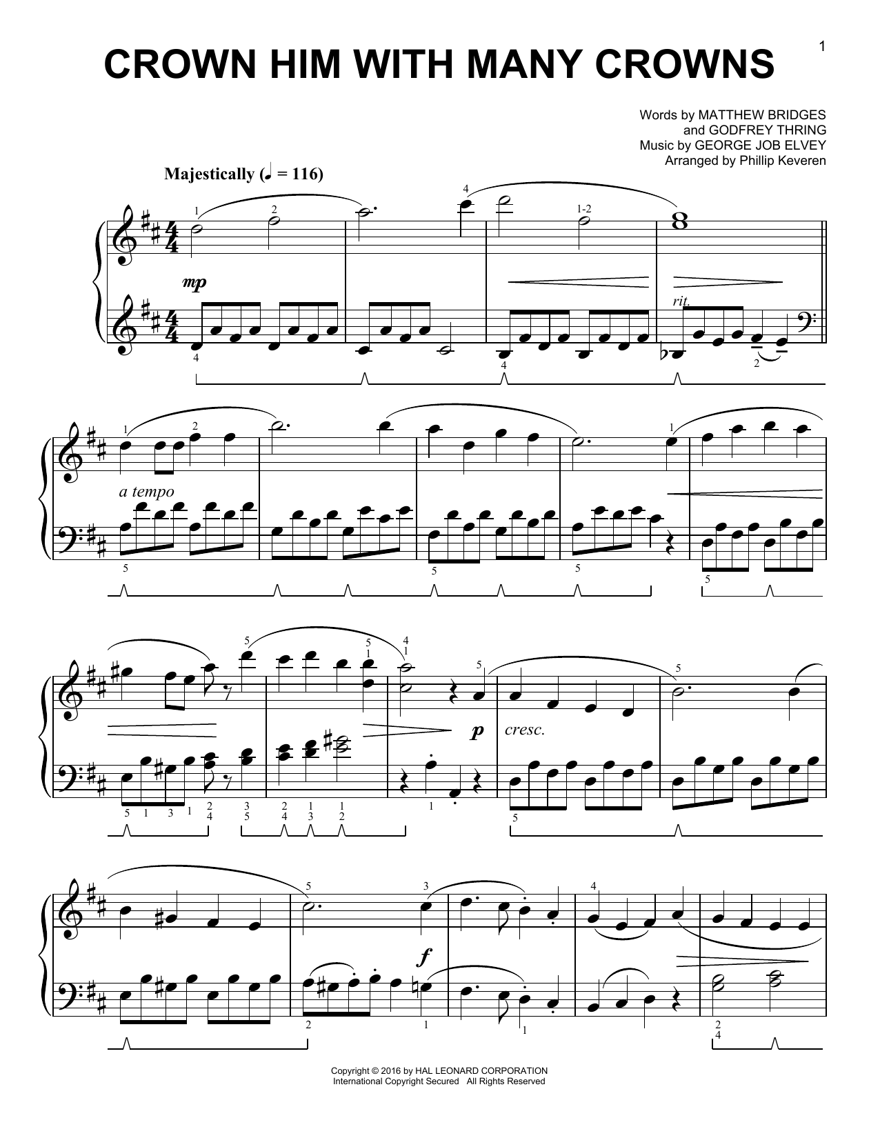 George Job Elvey Crown Him With Many Crowns [Classical version] (arr. Phillip Keveren) Sheet Music Notes & Chords for Easy Piano - Download or Print PDF