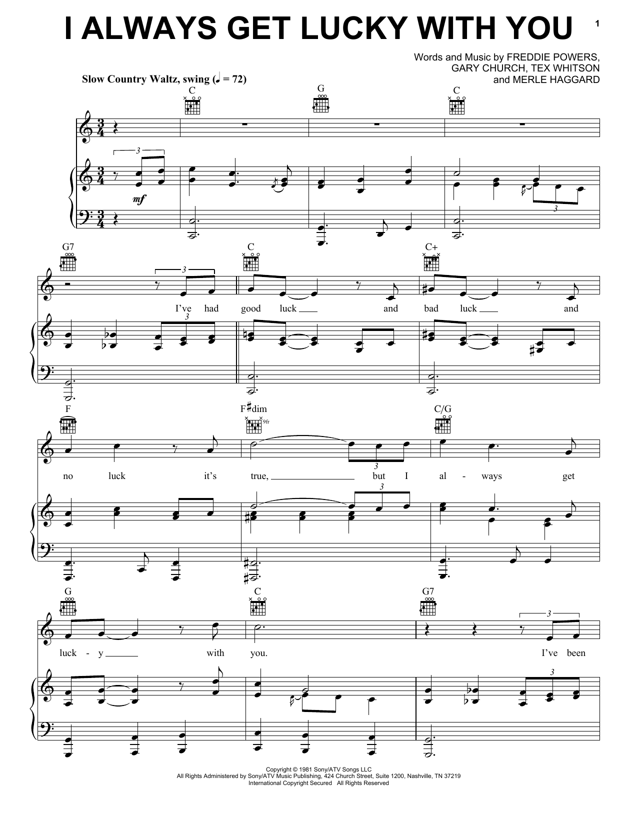 George Jones I Always Get Lucky With You Sheet Music Notes & Chords for Piano, Vocal & Guitar (Right-Hand Melody) - Download or Print PDF