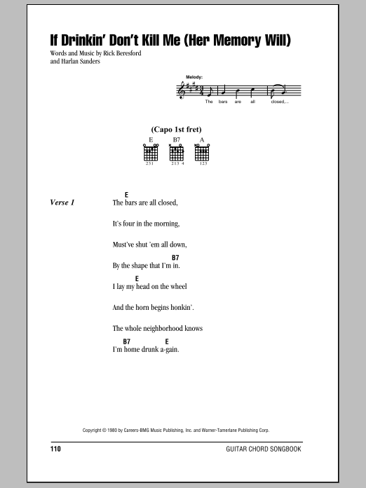 George Jones If Drinkin' Don't Kill Me (Her Memory Will) Sheet Music Notes & Chords for Melody Line, Lyrics & Chords - Download or Print PDF
