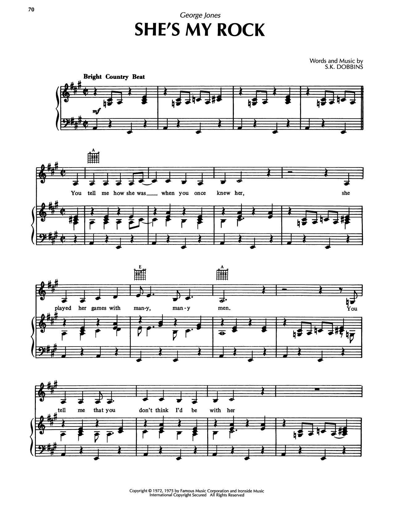 George Jones She's My Rock Sheet Music Notes & Chords for Piano, Vocal & Guitar Chords (Right-Hand Melody) - Download or Print PDF George Jones She's My Rock Sheet Music Notes & Chords for Piano, Vocal & Guitar Chords (Right-Hand Melody) - Download or Print PDF