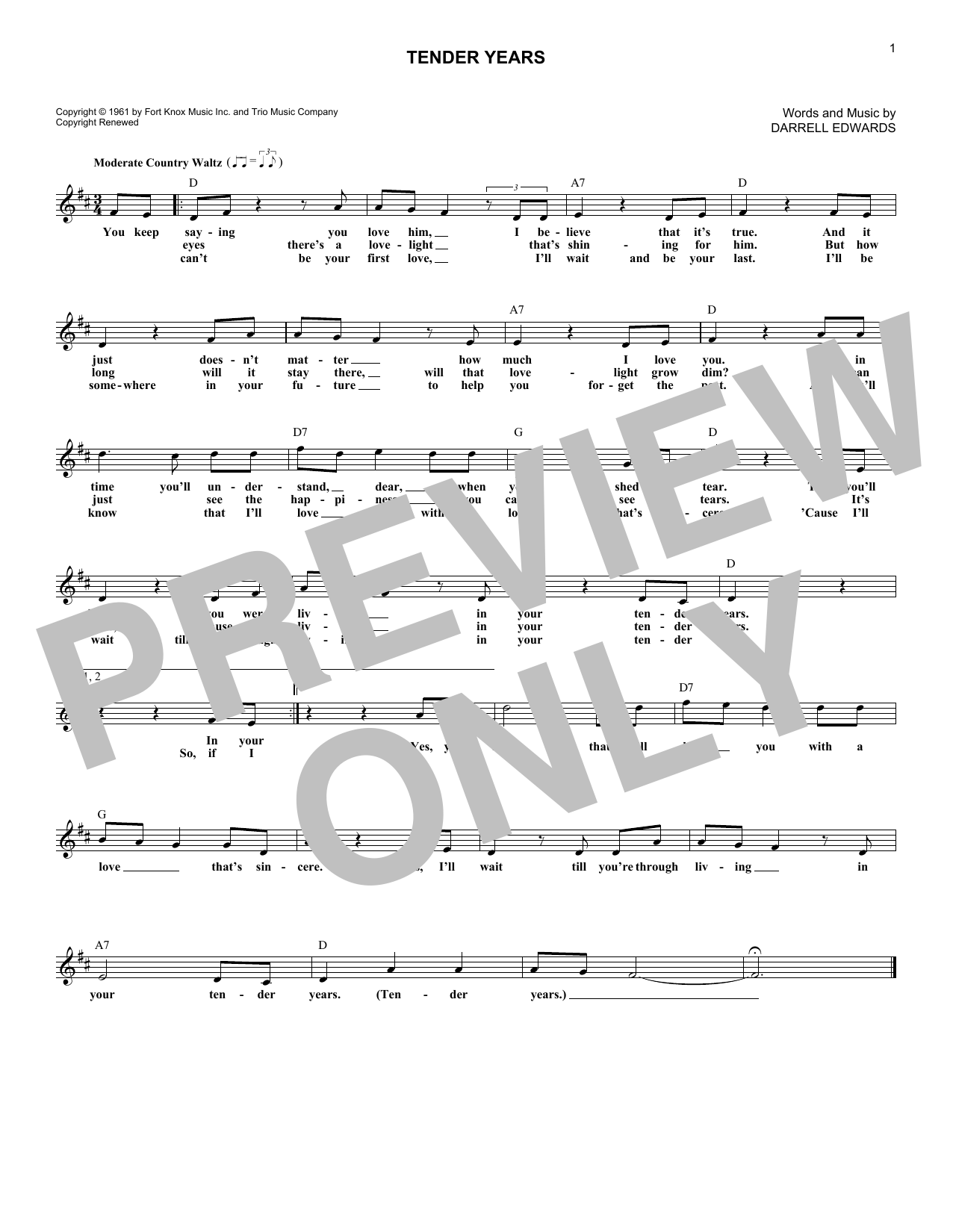 George Jones Tender Years Sheet Music Notes & Chords for Piano, Vocal & Guitar Chords (Right-Hand Melody) - Download or Print PDF
