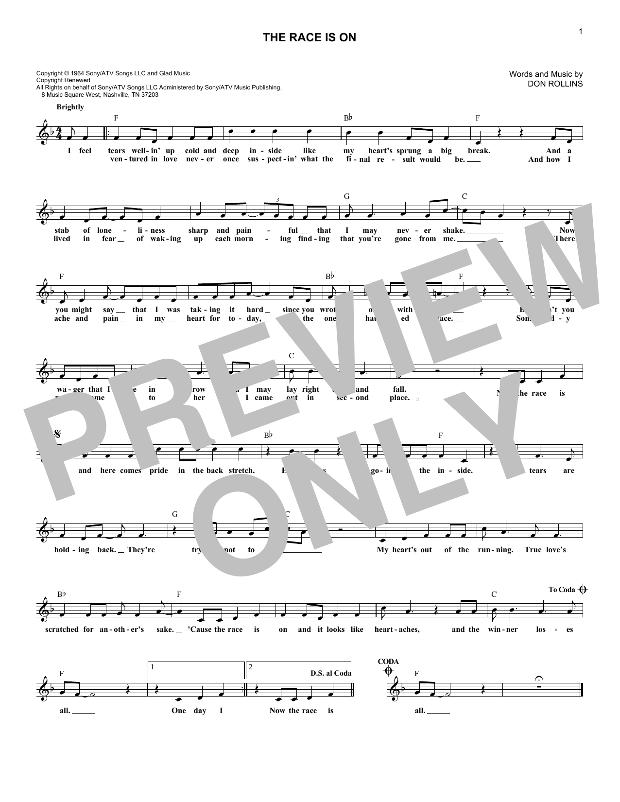 George Jones The Race Is On Sheet Music Notes & Chords for Melody Line, Lyrics & Chords - Download or Print PDF