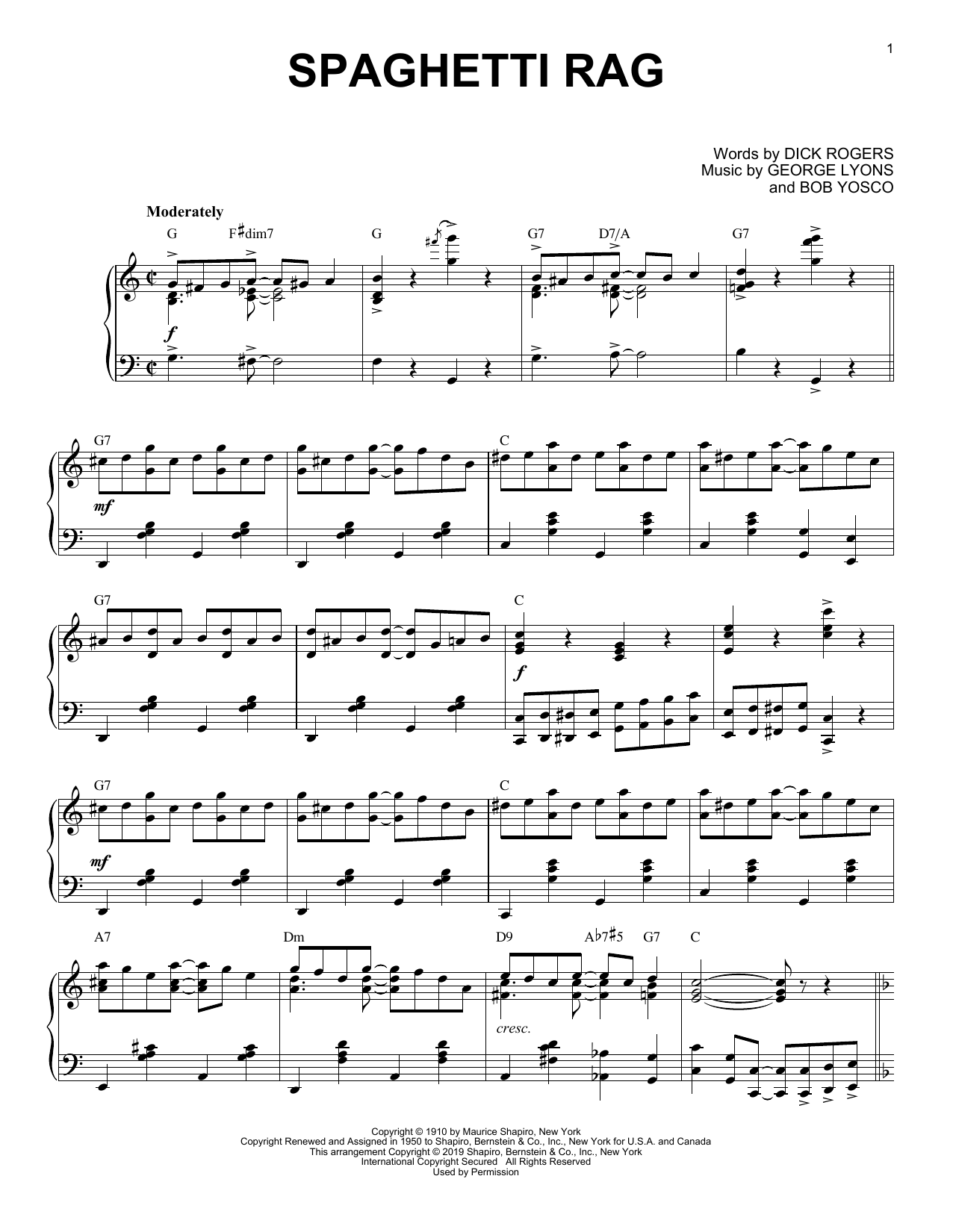 George Lyons and Bob Yosco Spaghetti Rag [Jazz version] Sheet Music Notes & Chords for Piano Solo - Download or Print PDF