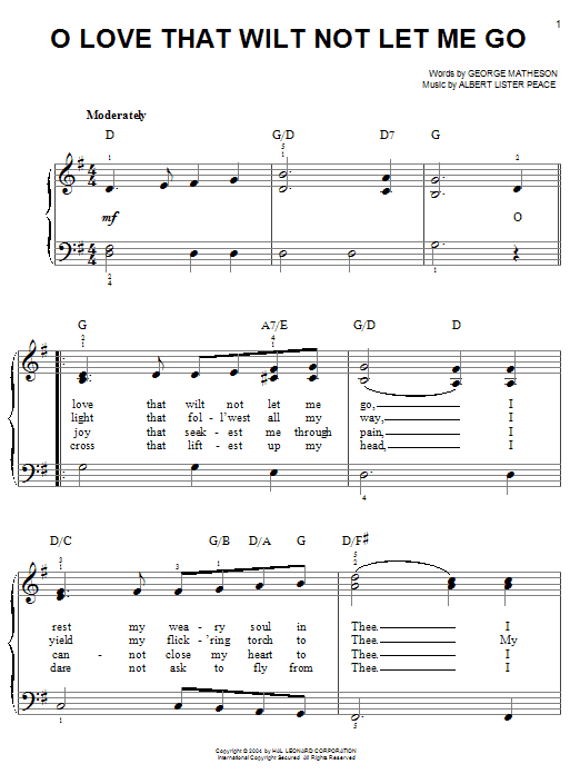 George Matheson O Love That Wilt Not Let Me Go Sheet Music Notes & Chords for Easy Piano - Download or Print PDF