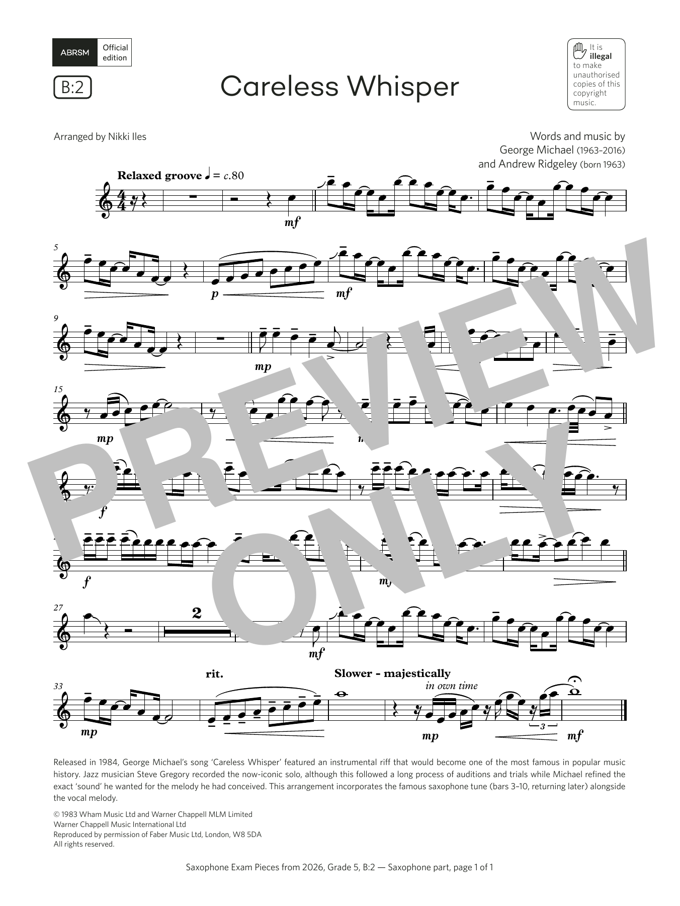 George Michael Careless Whisper (Grade 5, list B2, from the ABRSM Saxophone Syllabus from 2026) Sheet Music Notes & Chords for Alto Sax Solo - Download or Print PDF George Michael Careless Whisper (Grade 5, list B2, from the ABRSM Saxophone Syllabus from 2026) Sheet Music Notes & Chords for Alto Sax Solo - Download or Print PDF