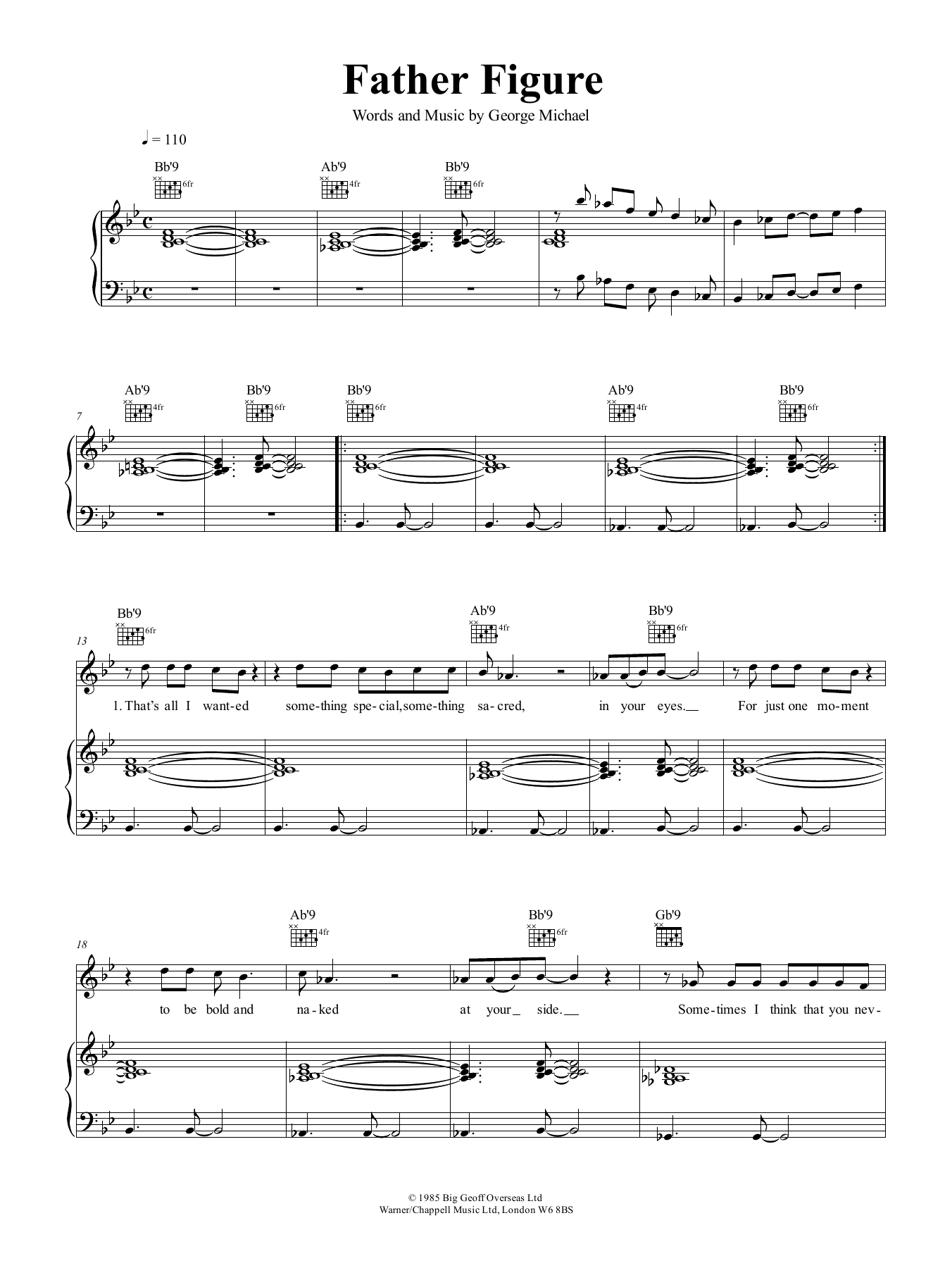 George Michael Father Figure Sheet Music Notes & Chords for Piano, Vocal & Guitar (Right-Hand Melody) - Download or Print PDF