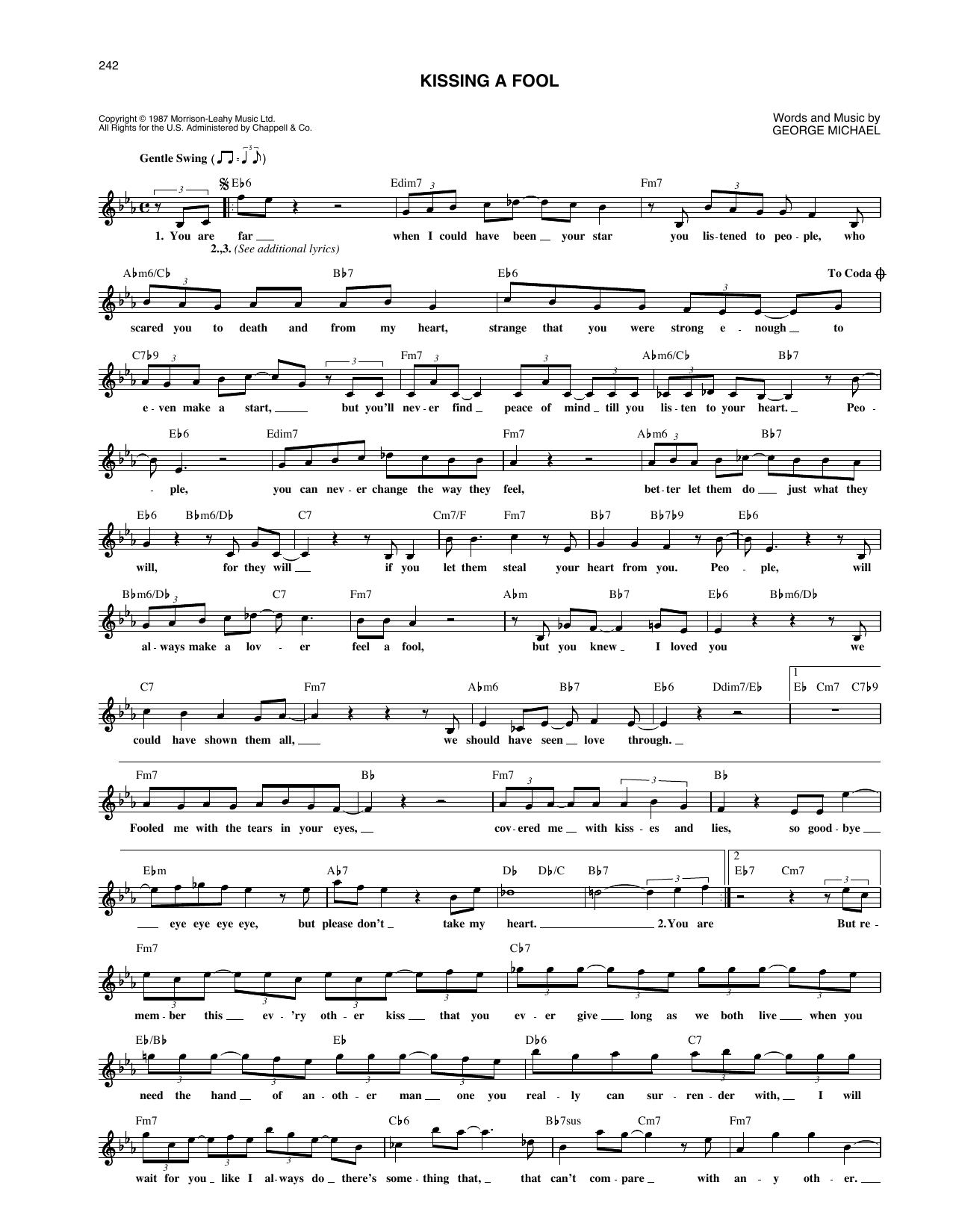 George Michael Kissing A Fool Sheet Music Notes & Chords for Piano, Vocal & Guitar (Right-Hand Melody) - Download or Print PDF