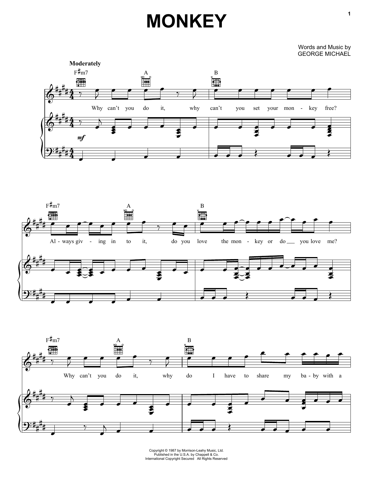 George Michael Monkey Sheet Music Notes & Chords for Piano, Vocal & Guitar (Right-Hand Melody) - Download or Print PDF