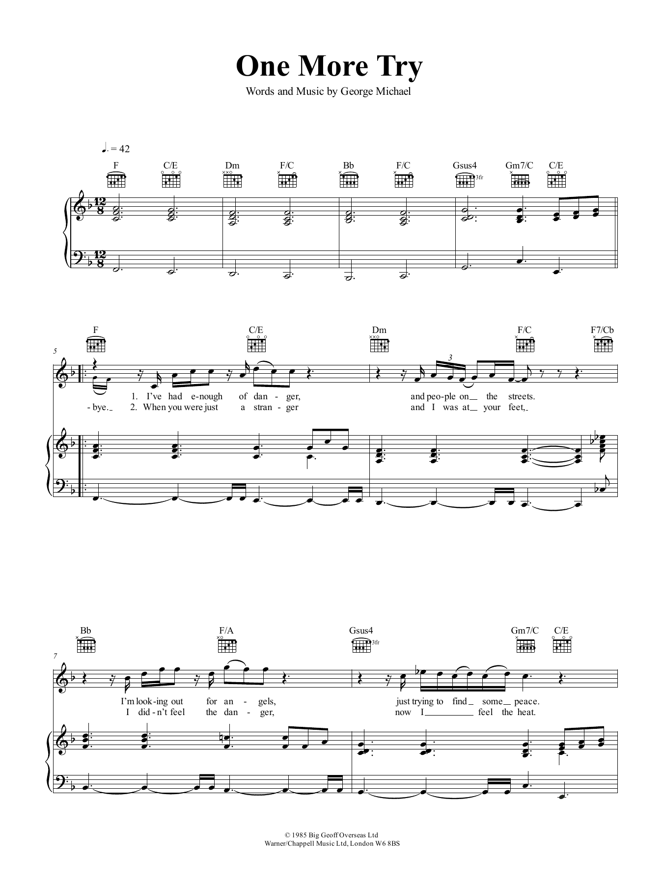 George Michael One More Try Sheet Music Notes & Chords for Piano, Vocal & Guitar (Right-Hand Melody) - Download or Print PDF