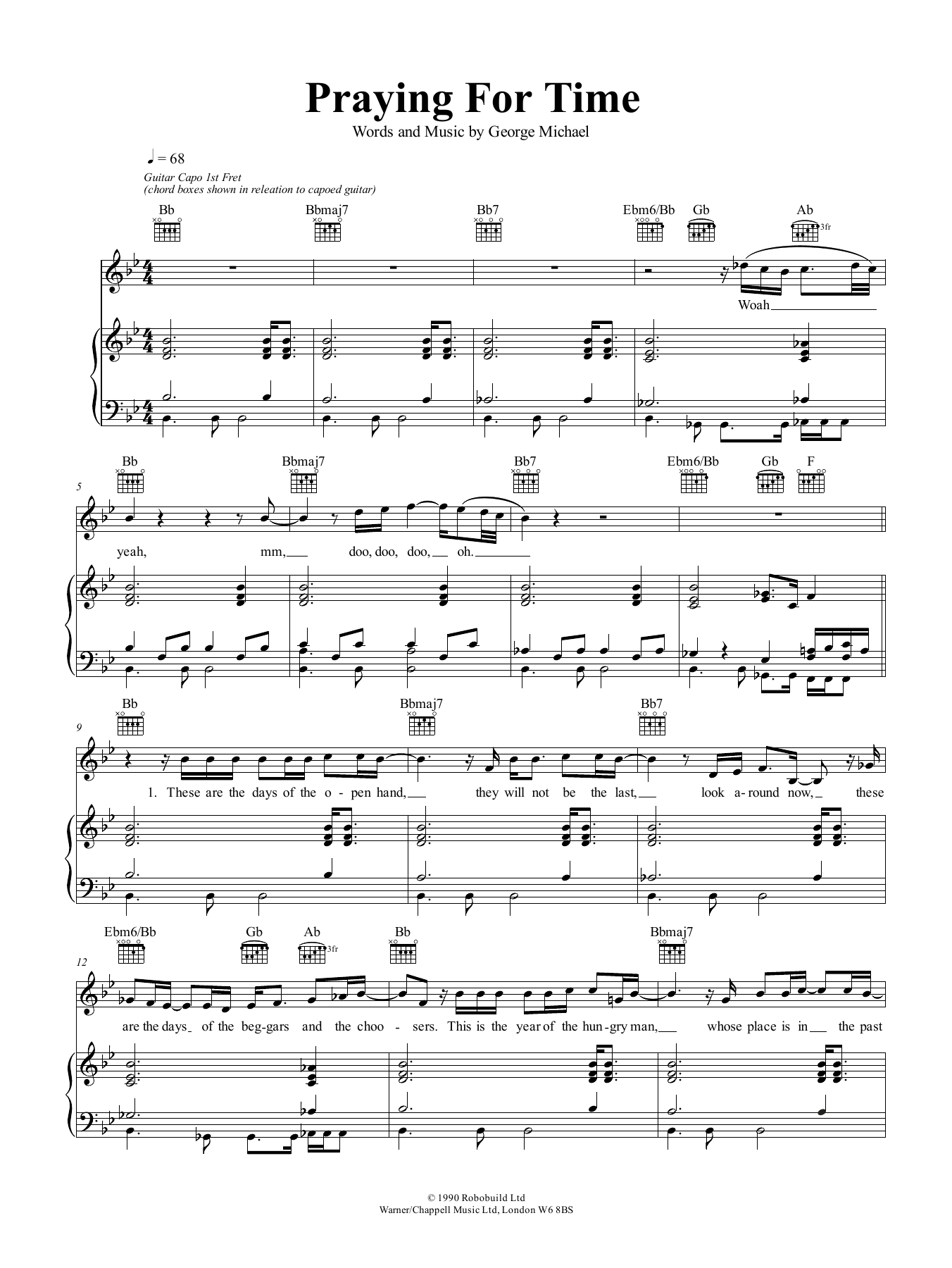 George Michael Praying For Time Sheet Music Notes & Chords for Piano, Vocal & Guitar (Right-Hand Melody) - Download or Print PDF