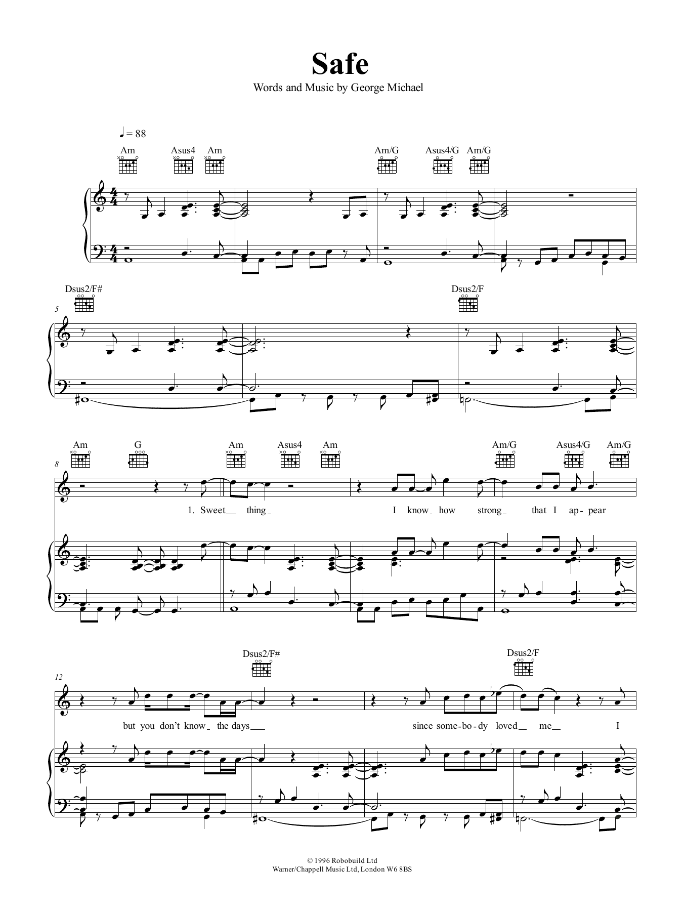 George Michael Safe Sheet Music Notes & Chords for Piano, Vocal & Guitar (Right-Hand Melody) - Download or Print PDF