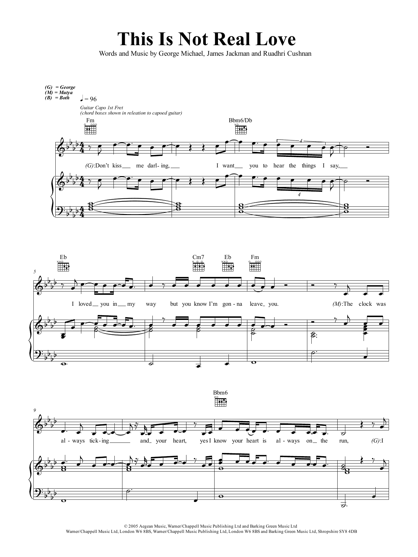 George Michael This Is Not Real Love Sheet Music Notes & Chords for Piano, Vocal & Guitar (Right-Hand Melody) - Download or Print PDF