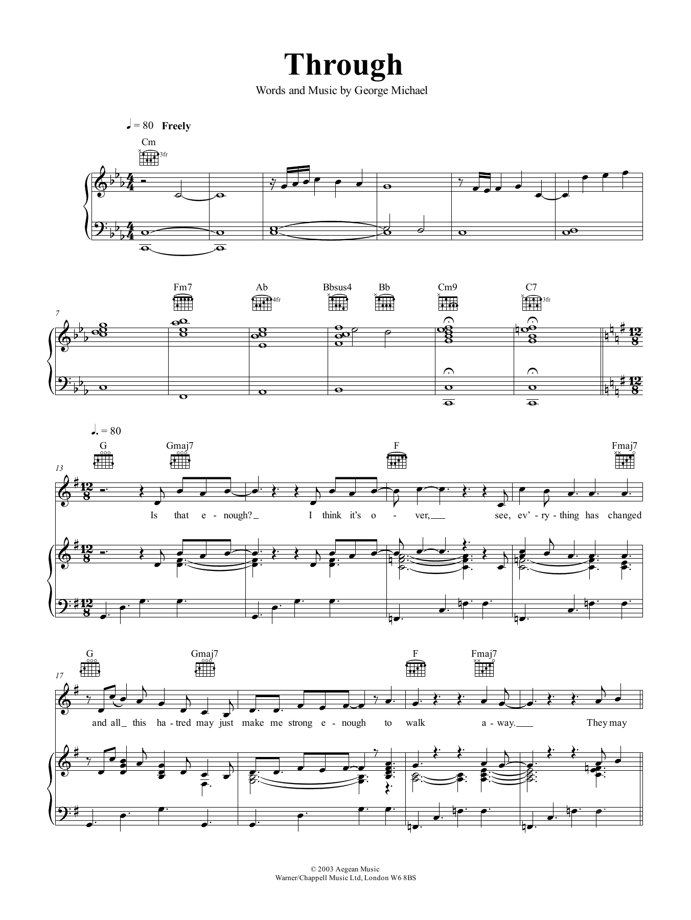 George Michael Through Sheet Music Notes & Chords for Piano, Vocal & Guitar (Right-Hand Melody) - Download or Print PDF