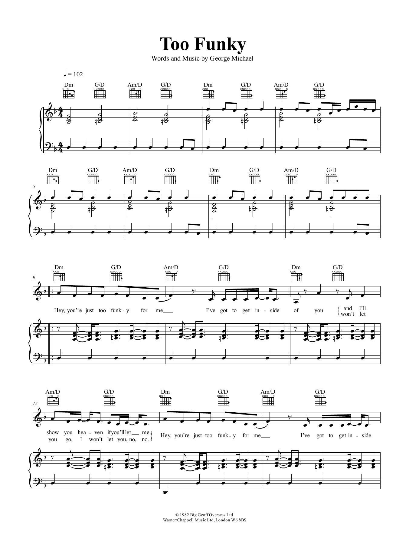 George Michael Too Funky Sheet Music Notes & Chords for Piano, Vocal & Guitar (Right-Hand Melody) - Download or Print PDF