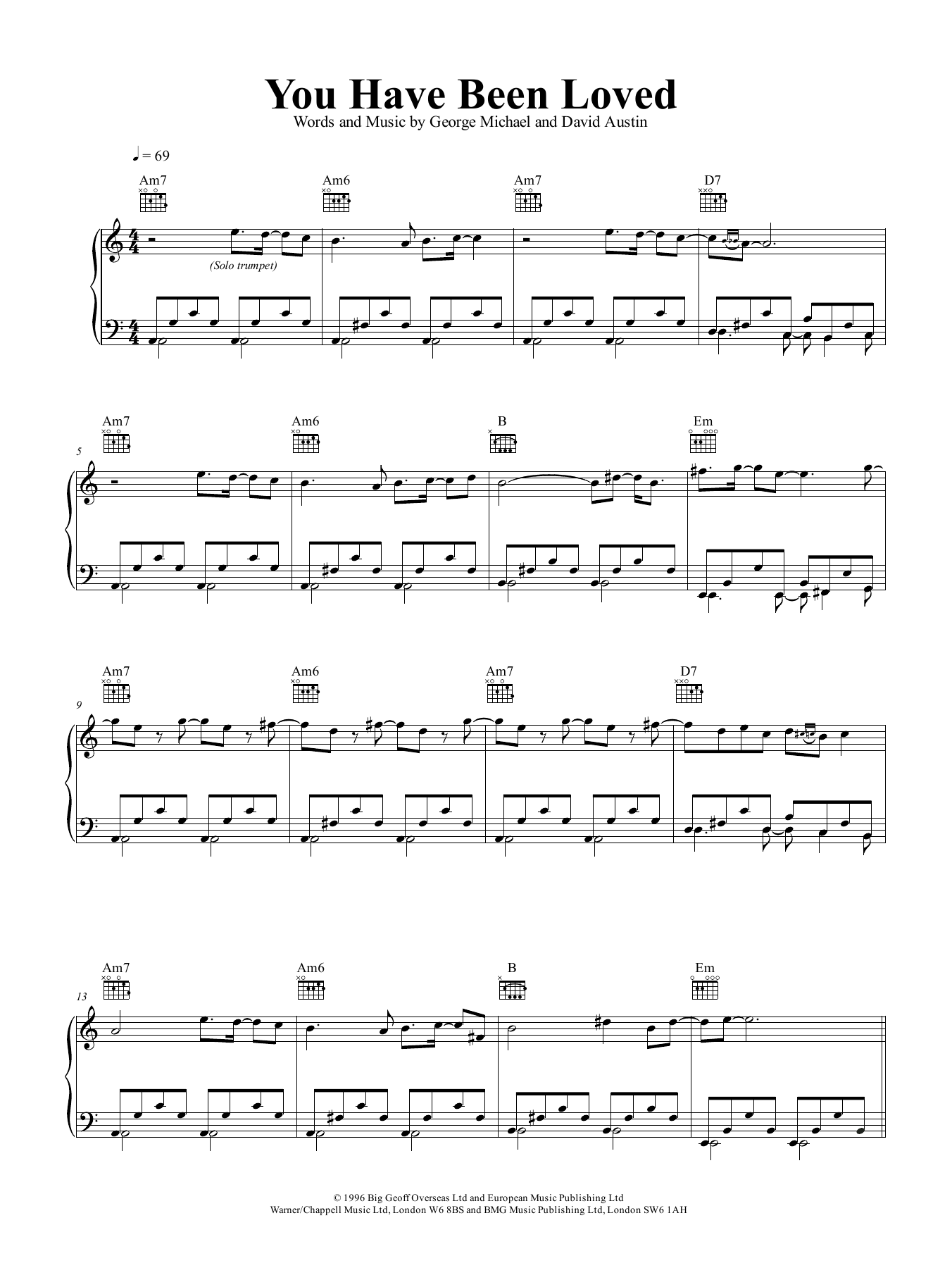 George Michael You Have Been Loved Sheet Music Notes & Chords for Piano, Vocal & Guitar (Right-Hand Melody) - Download or Print PDF