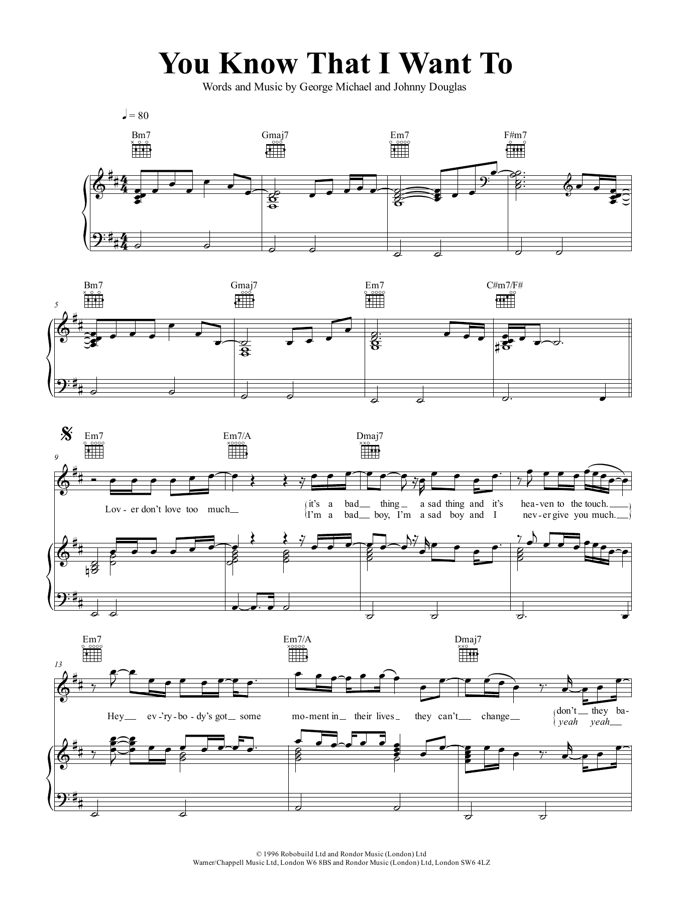 George Michael You Know That I Want To Sheet Music Notes & Chords for Piano, Vocal & Guitar (Right-Hand Melody) - Download or Print PDF