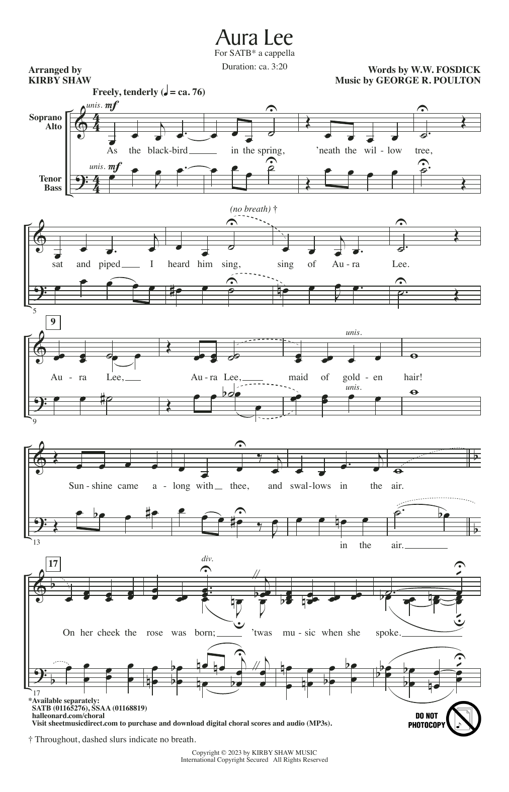 George R. Poulton Aura Lee (arr. Kirby Shaw) Sheet Music Notes & Chords for SSAA Choir - Download or Print PDF