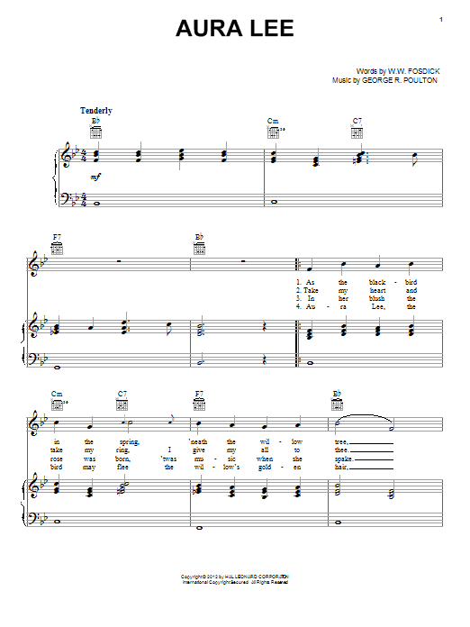 George R. Poulton Aura Lee Sheet Music Notes & Chords for Piano, Vocal & Guitar (Right-Hand Melody) - Download or Print PDF