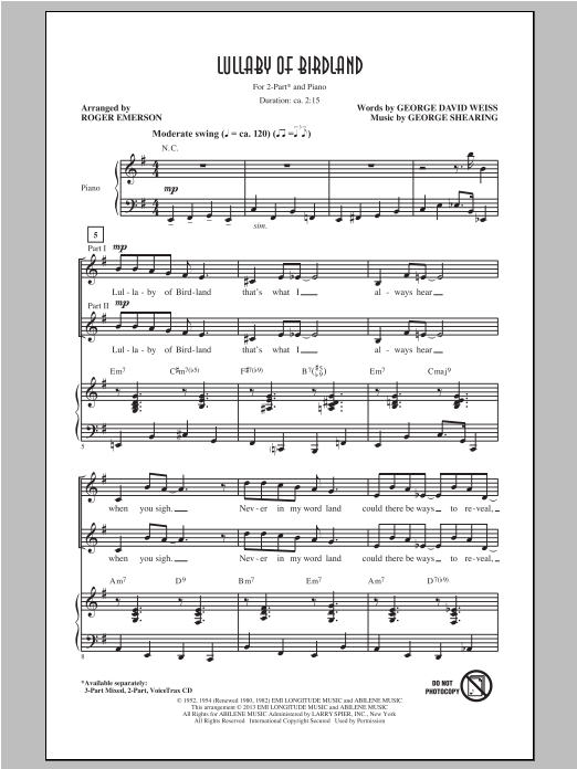 George Shearing Lullaby Of Birdland (arr. Roger Emerson) Sheet Music Notes & Chords for 2-Part Choir - Download or Print PDF