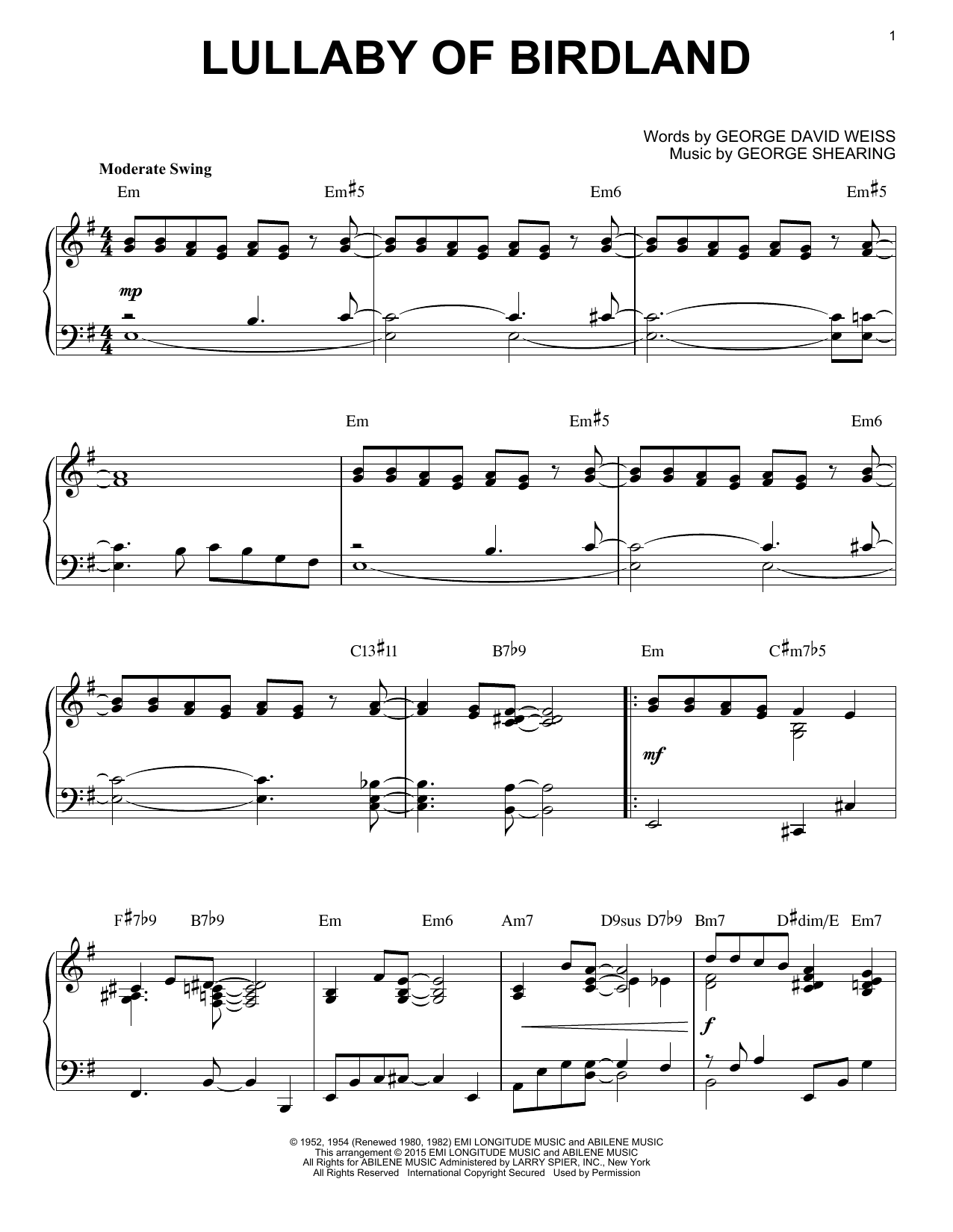 George Shearing Lullaby Of Birdland [Jazz version] (arr. Brent Edstrom) Sheet Music Notes & Chords for Piano - Download or Print PDF