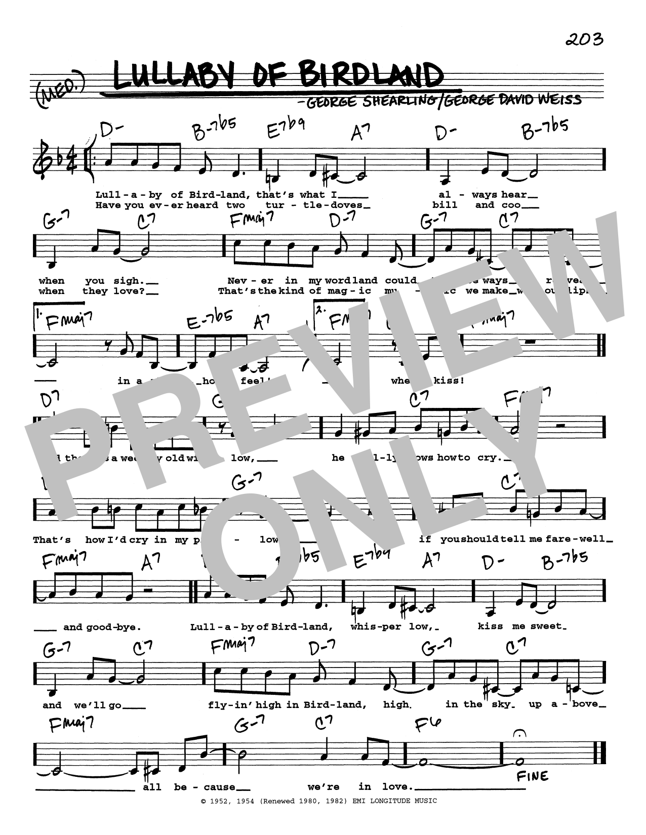 George Shearing Lullaby Of Birdland (Low Voice) Sheet Music Notes & Chords for Real Book – Melody, Lyrics & Chords - Download or Print PDF