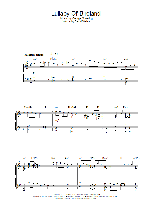 George Shearing Lullaby Of Birdland Sheet Music Notes & Chords for Violin - Download or Print PDF