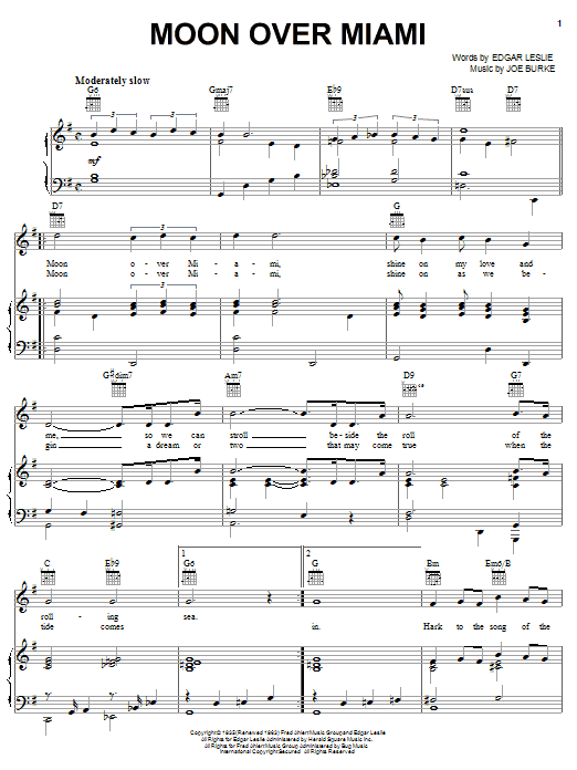 George Shearing Moon Over Miami Sheet Music Notes & Chords for Piano, Vocal & Guitar (Right-Hand Melody) - Download or Print PDF