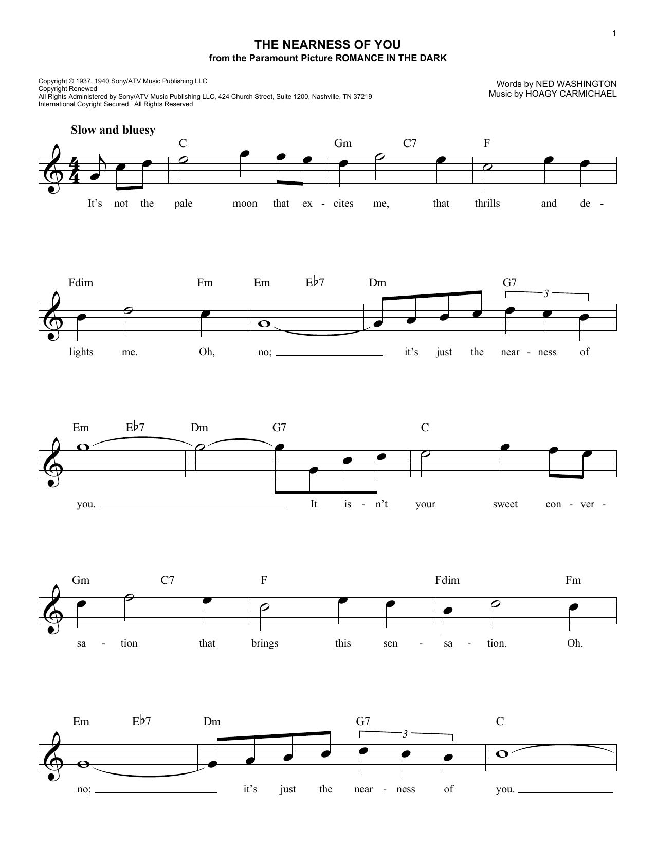 George Shearing The Nearness Of You Sheet Music Notes & Chords for Melody Line, Lyrics & Chords - Download or Print PDF