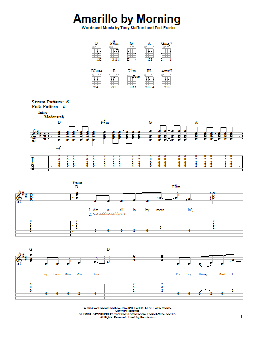 Terry Stafford Amarillo By Morning Sheet Music Notes & Chords for Easy Guitar Tab - Download or Print PDF