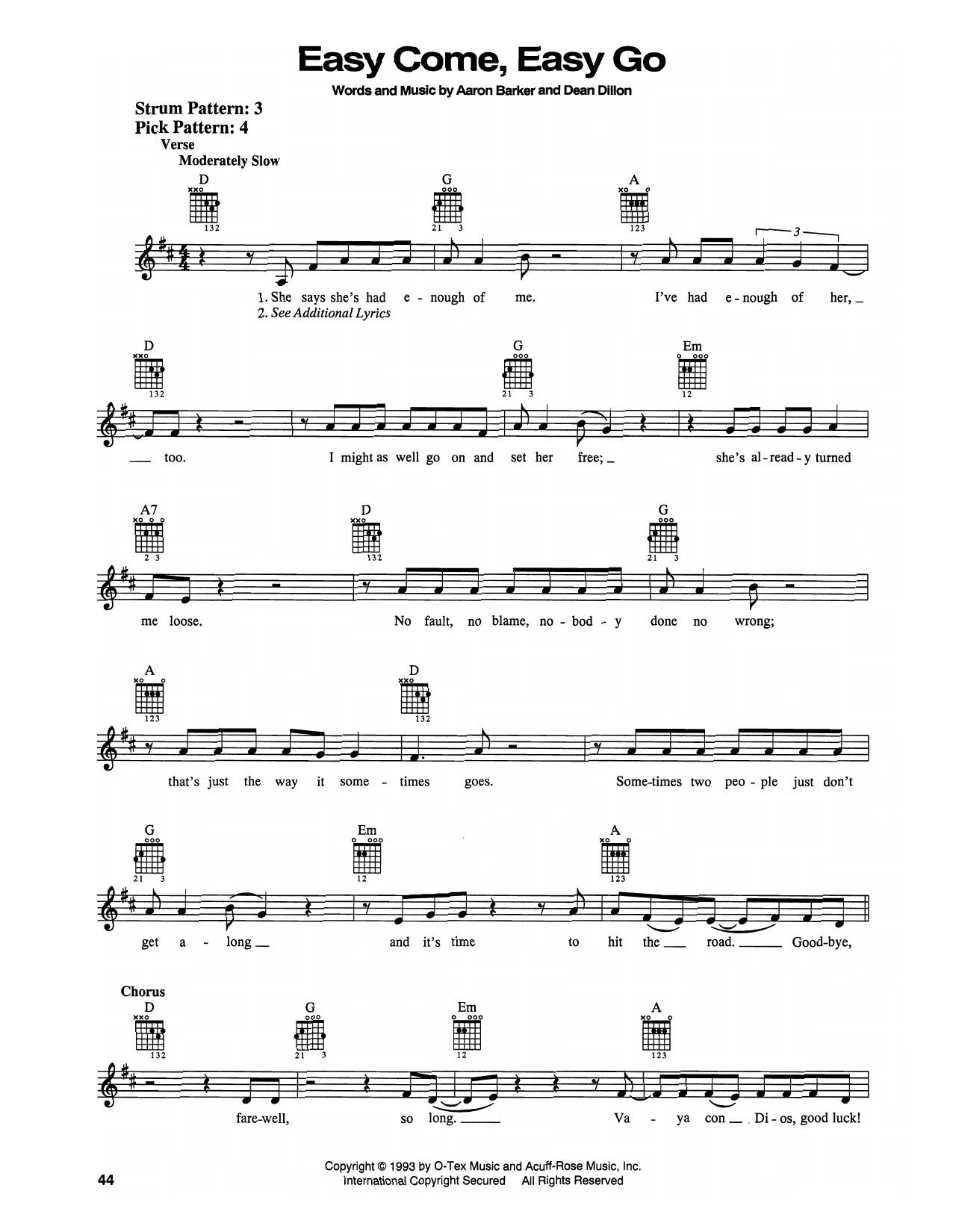 George Strait Easy Come, Easy Go Sheet Music Notes & Chords for Piano, Vocal & Guitar (Right-Hand Melody) - Download or Print PDF