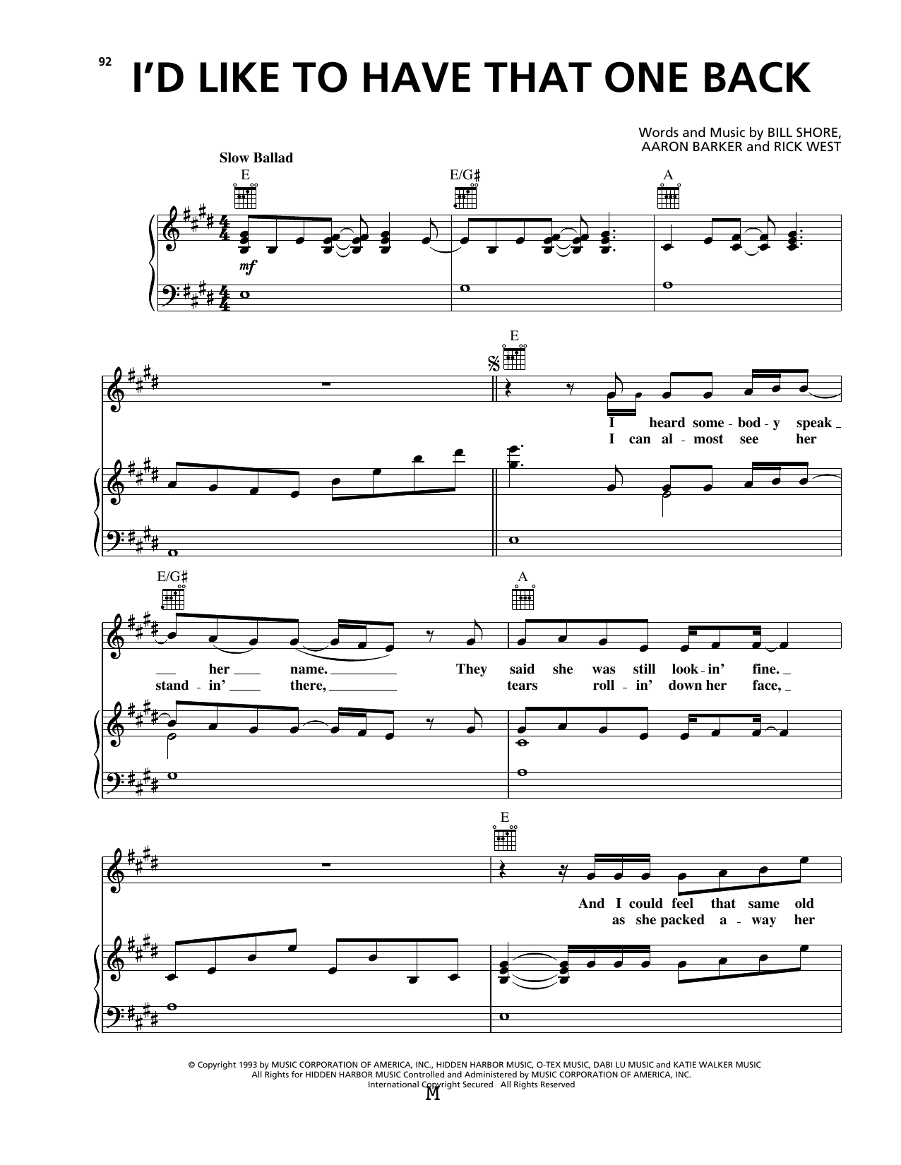 George Strait I'd Like To Have That One Back Sheet Music Notes & Chords for Piano, Vocal & Guitar (Right-Hand Melody) - Download or Print PDF