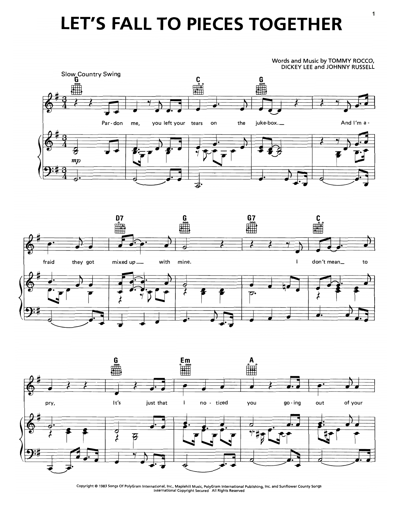 George Strait Let's Fall To Pieces Together Sheet Music Notes & Chords for Piano, Vocal & Guitar (Right-Hand Melody) - Download or Print PDF