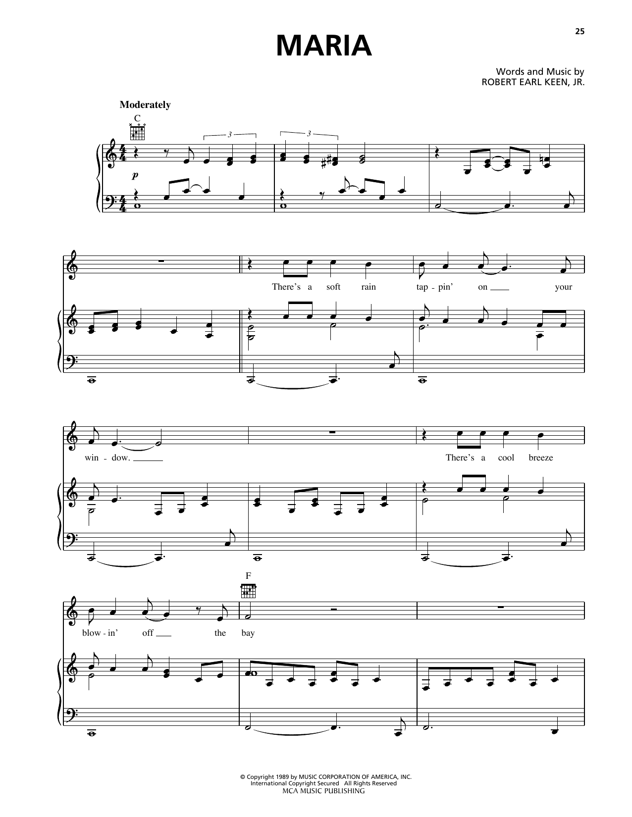George Strait Maria Sheet Music Notes & Chords for Piano, Vocal & Guitar Chords (Right-Hand Melody) - Download or Print PDF