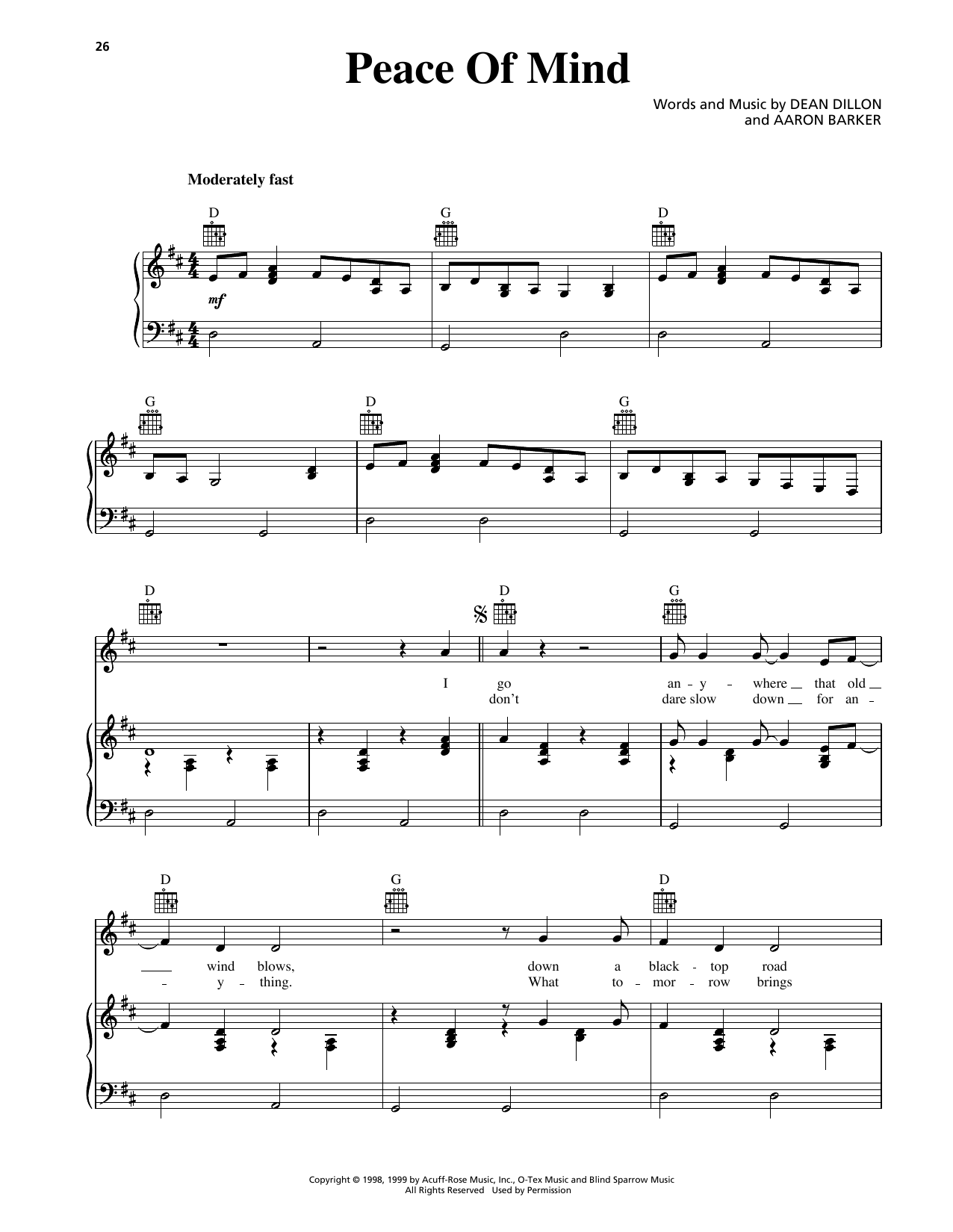 George Strait Peace Of Mind Sheet Music Notes & Chords for Piano, Vocal & Guitar Chords (Right-Hand Melody) - Download or Print PDF