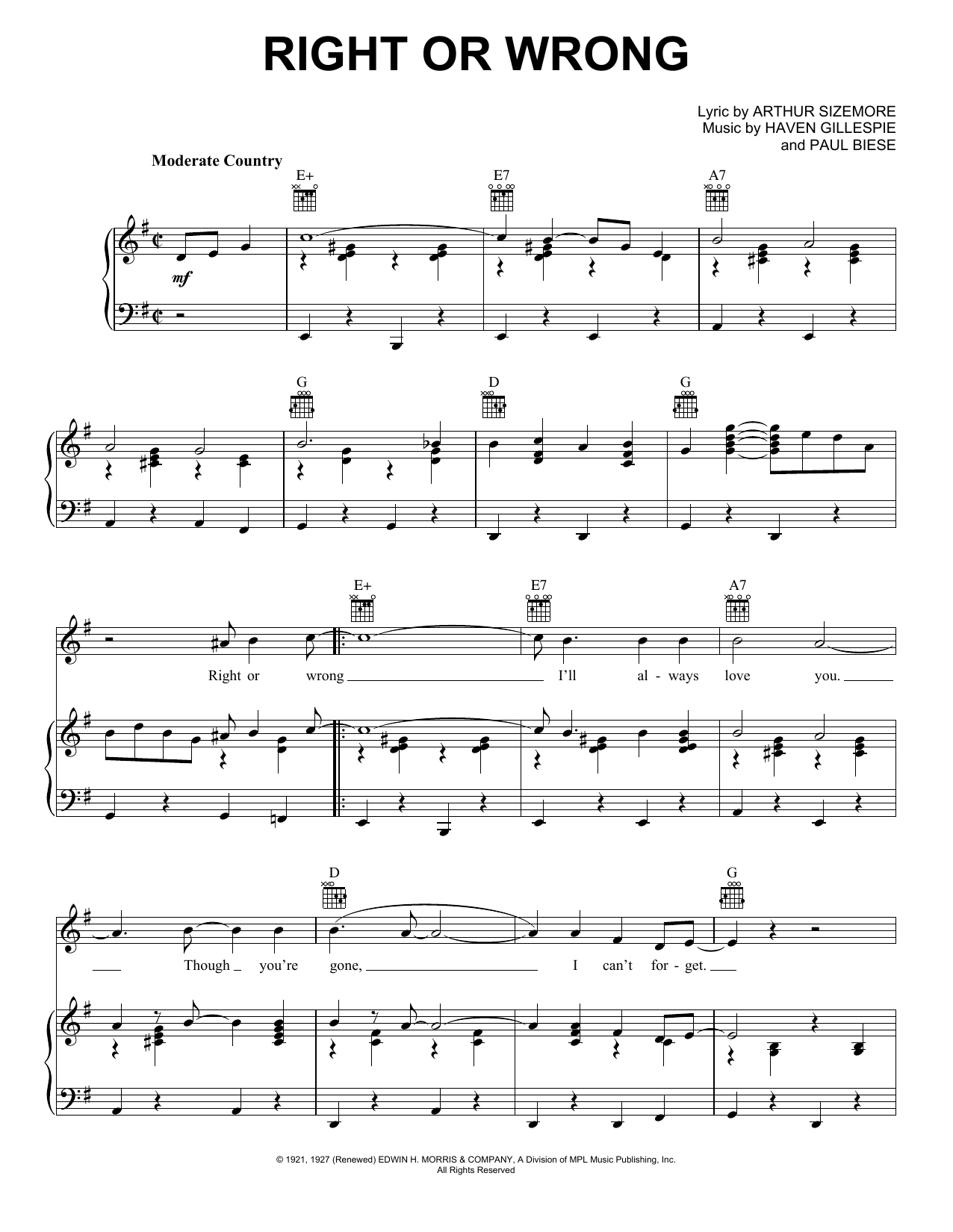 George Strait Right Or Wrong Sheet Music Notes & Chords for Piano, Vocal & Guitar (Right-Hand Melody) - Download or Print PDF