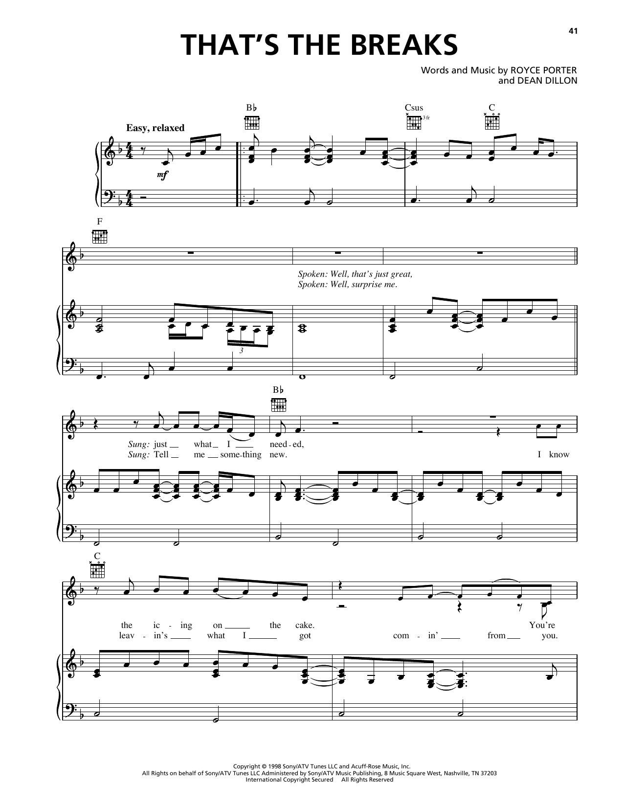 George Strait That's The Breaks Sheet Music Notes & Chords for Piano, Vocal & Guitar Chords (Right-Hand Melody) - Download or Print PDF