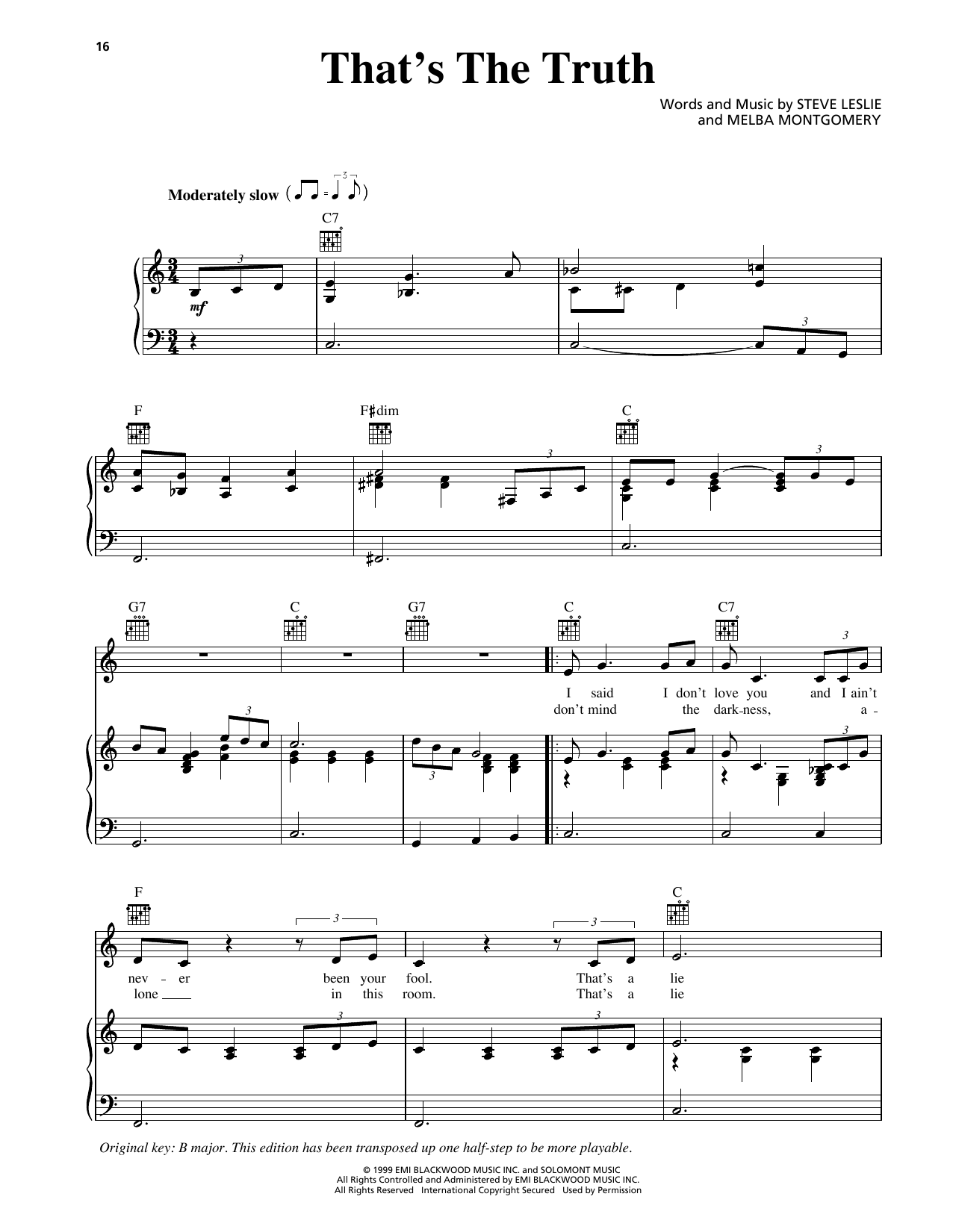 George Strait That's The Truth Sheet Music Notes & Chords for Piano, Vocal & Guitar Chords (Right-Hand Melody) - Download or Print PDF
