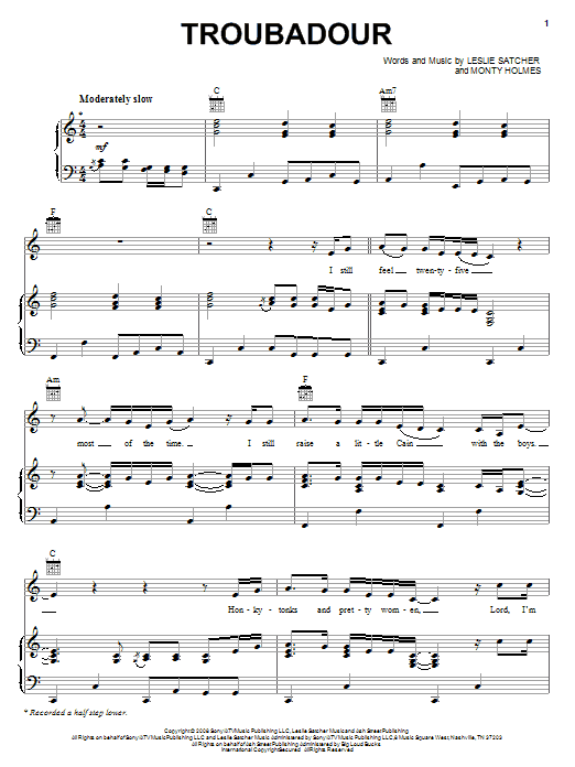 George Strait Troubadour Sheet Music Notes & Chords for Piano, Vocal & Guitar (Right-Hand Melody) - Download or Print PDF