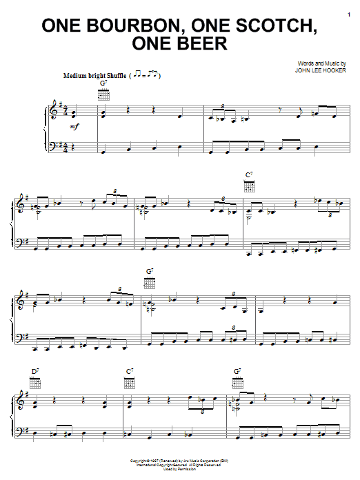 George Thorogood & The Destroyers One Bourbon, One Scotch, One Beer Sheet Music Notes & Chords for Piano, Vocal & Guitar (Right-Hand Melody) - Download or Print PDF